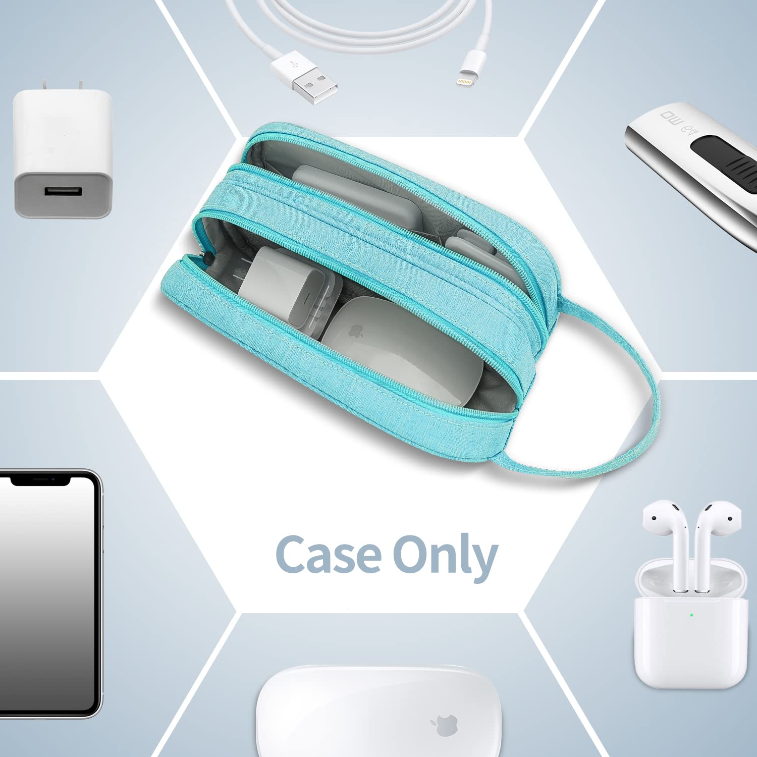 HESTECH Waterproof Electronics Organizer Bag - Double Layer Travel Charger Case for Cables, Mouse, Earbuds & USB Drives (Teal, Medium) | Portable Cord Storage Solution for Office, Travel & Home Use