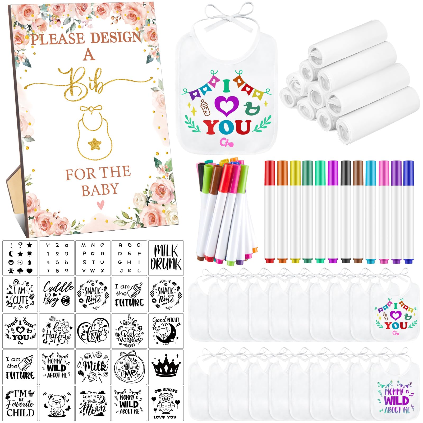 Panitay 100 Pcs DIY Baby Bibs Decorating Kit - 50 White Bibs, 25 Stencils, 24 Fabric Markers & Baby Shower Game Sign (Flower Design) for Creative Baby Shower Activities & Personalized Gift Making