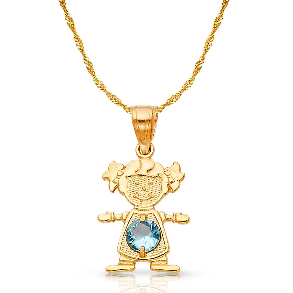 14K Yellow Gold March Birthstone Cubic Zirconia CZ Charm Pendant Necklace for Women - 0.9mm Singapore Chain - Perfect Gift for Birthday, Anniversary & Special Occasions