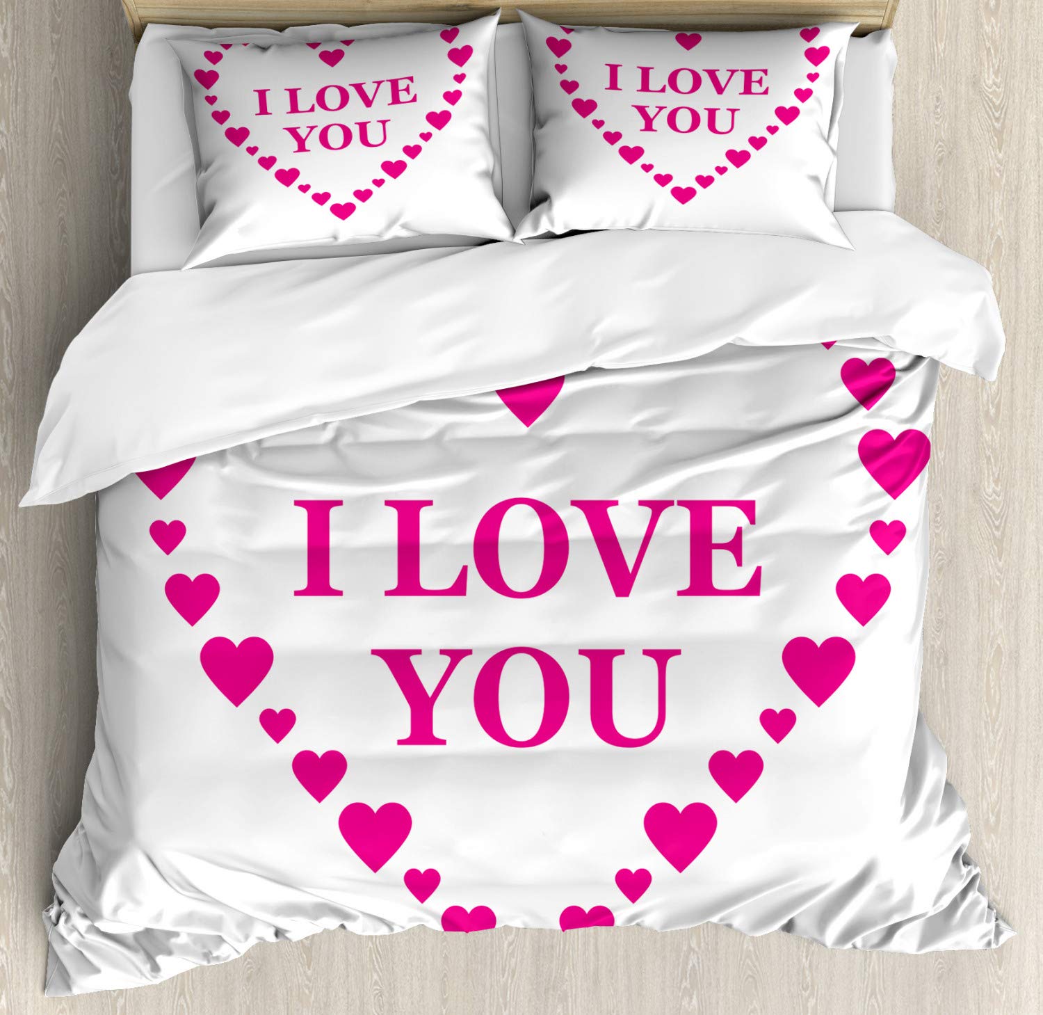 Ambesonne Romantic Love Duvet Cover Set - King Size 3-Piece Bedding with Heart Pattern & 'I Love You' Lettering, White & Hot Pink | Perfect for Valentine's Day Gifts, Couples Bedroom Decor & Cozy Master Suite Upgrade