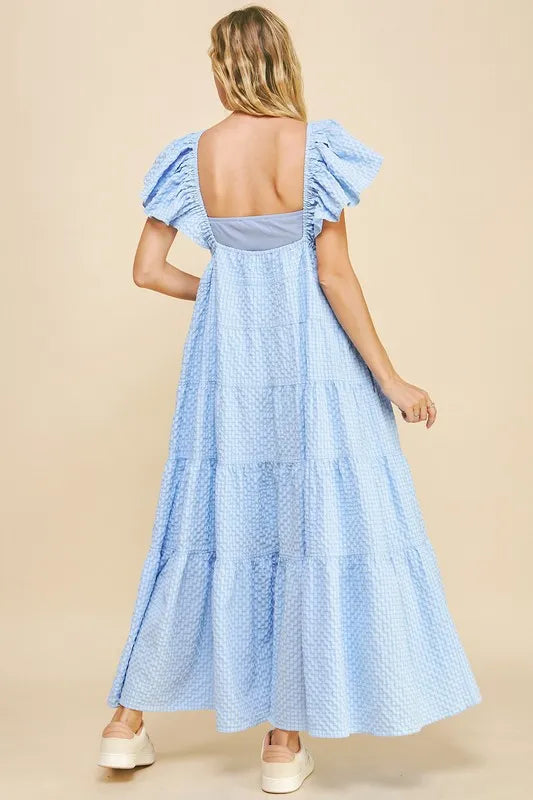 Crinkled Texture Blue Summer Midi Dress - Flowy Casual Beach Dress for Women | Perfect for Vacations, Parties & Outdoor Events