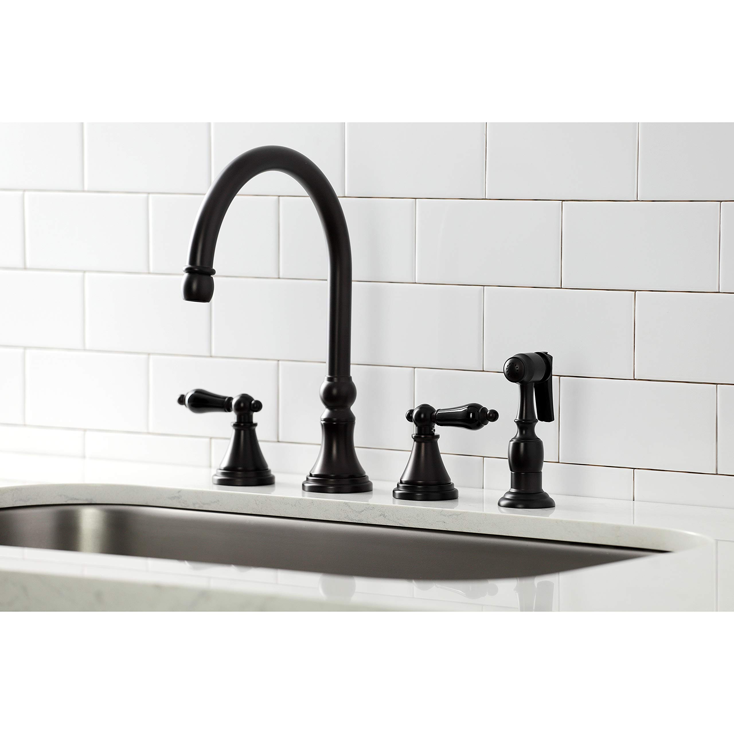 Kingston Brass KS2795PKLBS Duchess Widespread Kitchen Faucet with Brass Sprayer - Oil Rubbed Bronze Finish, 11.88 x 8.31 x 12.13 Inches - Perfect for Farmhouse, Rustic & Traditional Kitchen Sinks