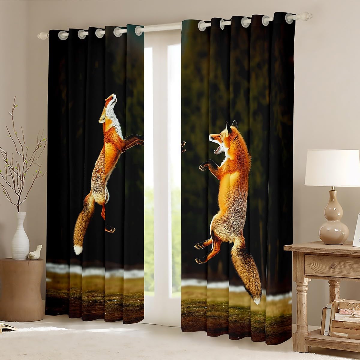 Feelyou Fox Print Curtains - 3D Cartoon Woodland Fox Window Drapes for Bedroom & Living Room - 42x63 Inches, 2 Panels - Perfect for Kids & Adults Animal Theme Decor - Ideal for Nursery, Playroom, or Cabin Retreat