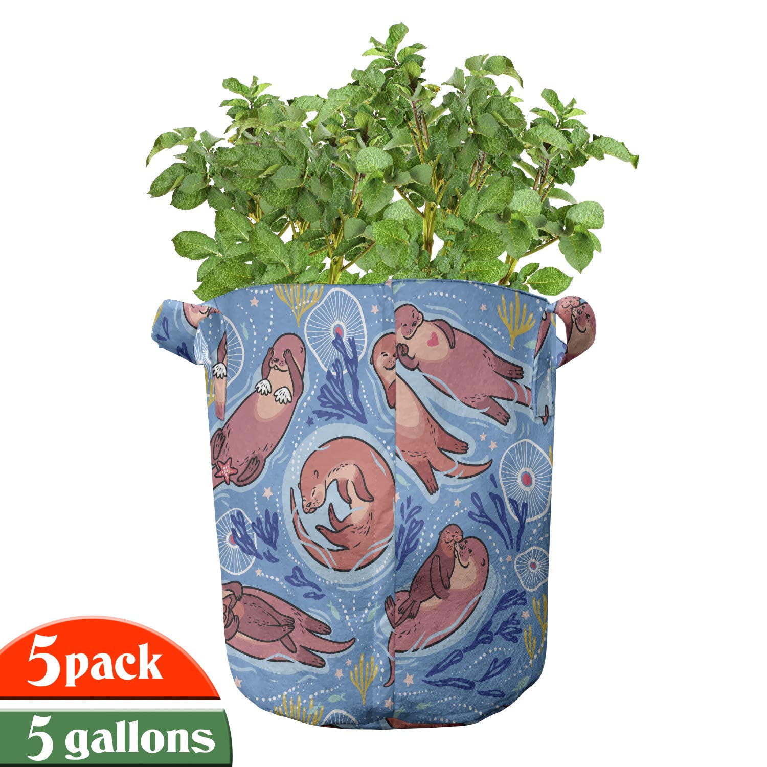 Ambesonne 5-Pack Heavy Duty Fabric Grow Bags with Handles - Cute Otter & Seaweed Cartoon Design for Plants, Vegetables & Herbs - Perfect for Indoor Gardening, Balcony Planters & Outdoor Container Gardening