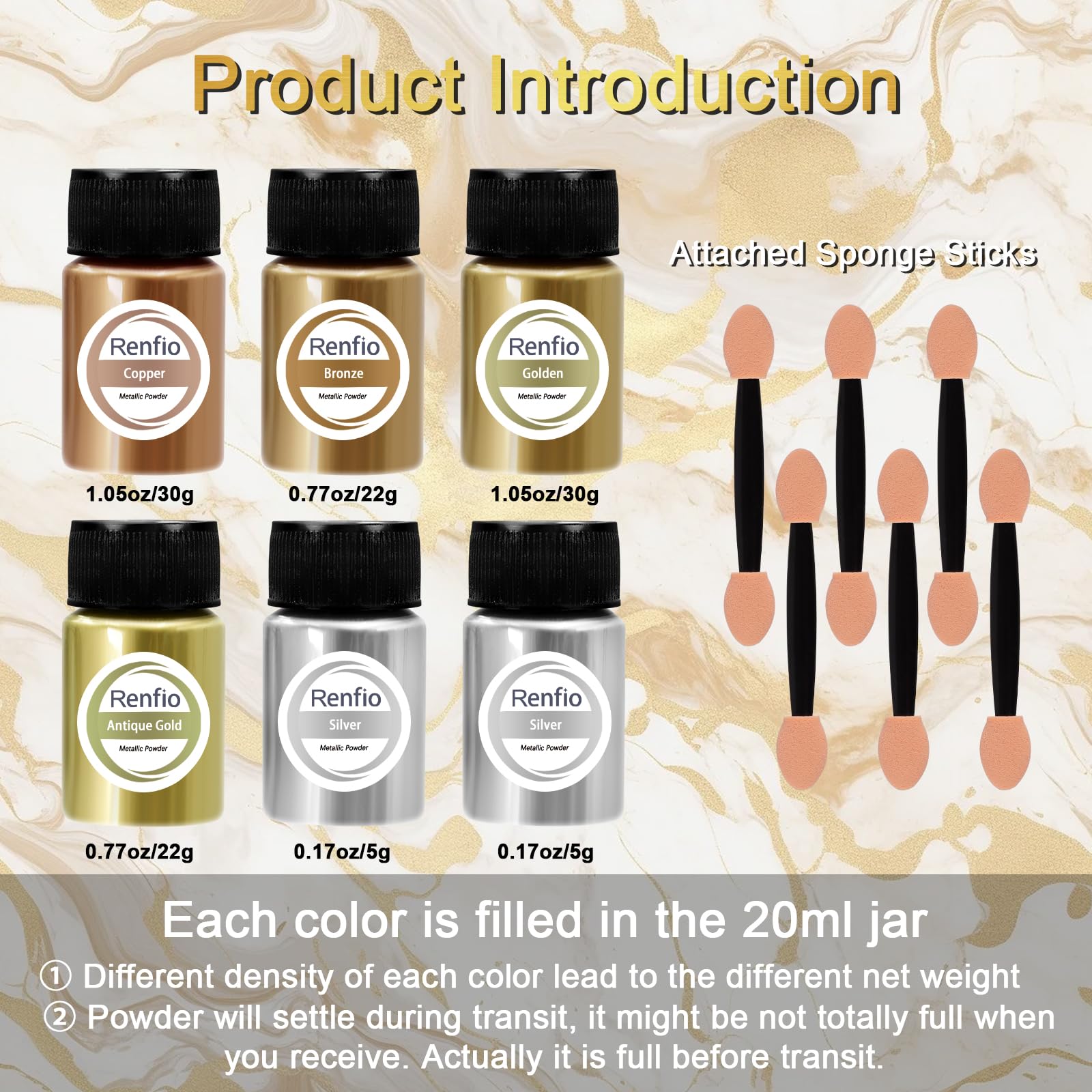 Renfio Metallic Pigment Powder - 5 Colors Gold Mica Powder for Resin, Epoxy, Polymer Clay & Candle Making - 6 x 20ml Metal Powder Pigment Set - Perfect for DIY Crafts, Kintsugi Art, Soap Making & Nail Art Designs