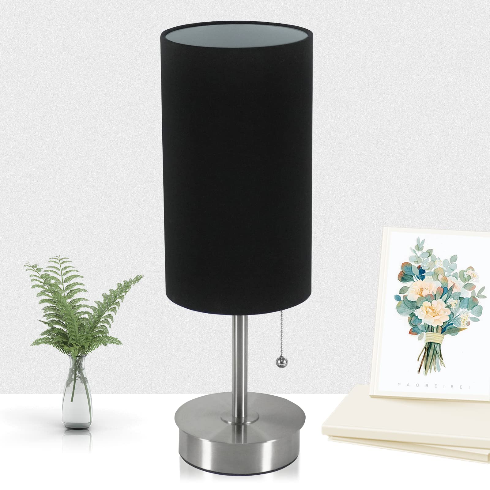 Modern Nightstand Lamp with Pull Chain Switch - OYedis Bedside Table Lamp with Nickel Metal Base & Black Fabric Shade, Desk Lamp for Bedroom, Living Room, Office, College Dorm (Bulb Included) - Perfect for Reading, Working & Creating Cozy Atmosphere