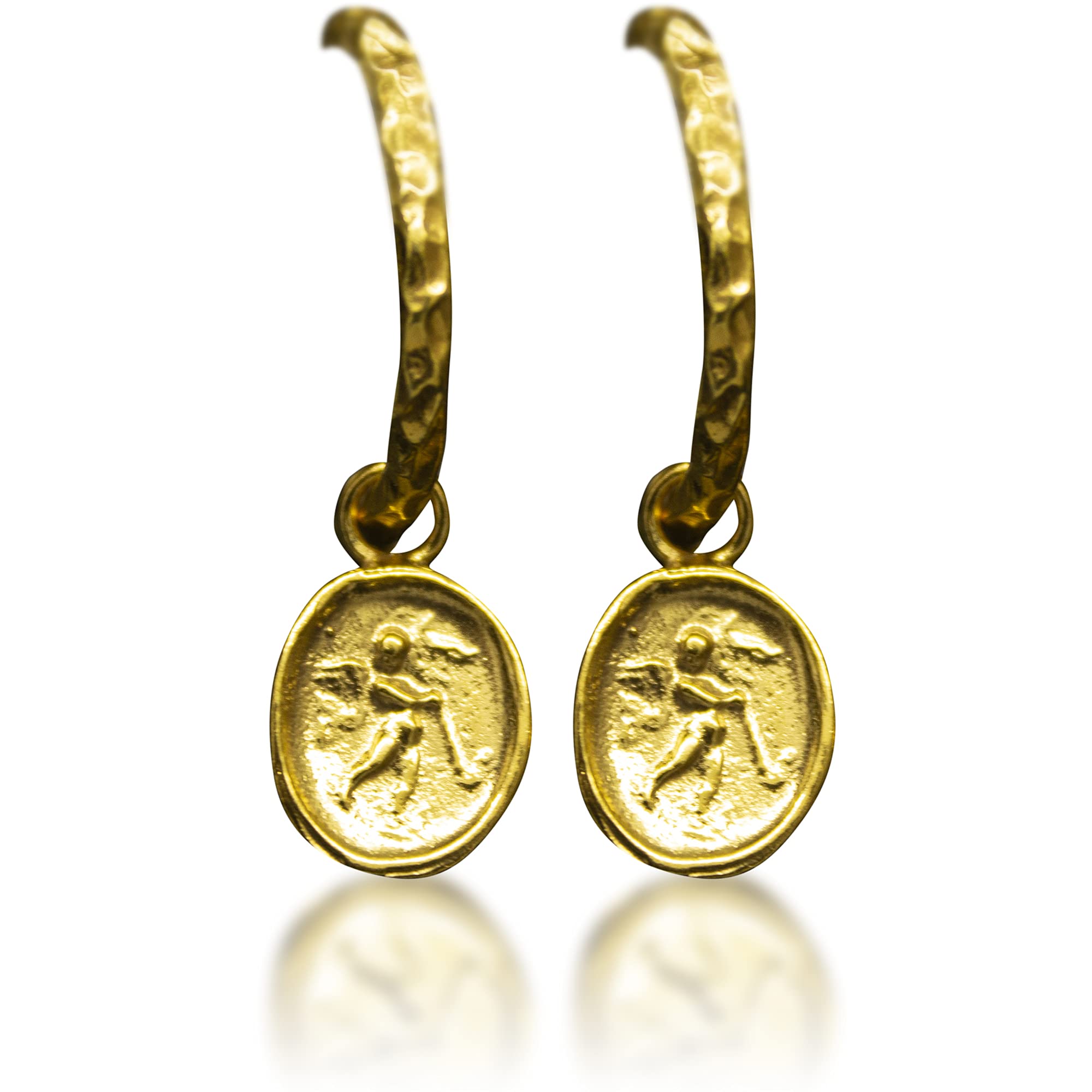 Guardian Angel Charm Hoop Earrings for Women - 24K Gold Plated 925 Sterling Silver Greek Signet Coin Jewelry - Roman Angel Wing Earrings by Pellada - Perfect Gift for Birthday, Christmas & Special Occasions