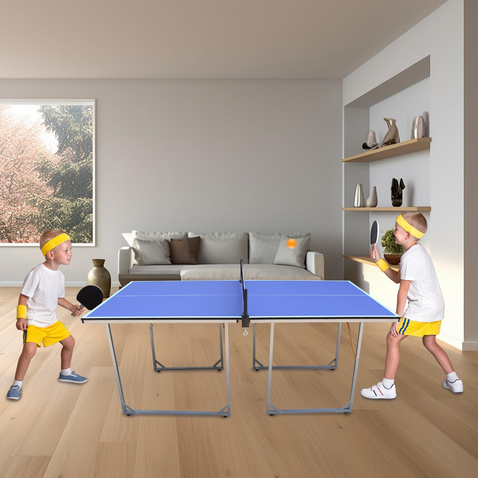 6' x 3' Foldable Ping Pong Table Set with Net, 2 Paddles & 3 Balls - Portable Mid-Size Table Tennis for Indoor/Outdoor Use - Perfect for Home, Office, Backyard or Game Room Entertainment