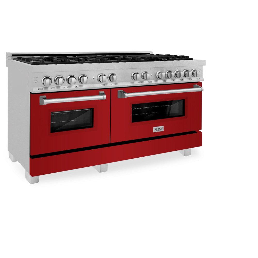 ZLINE 60-inch 7.4 cu. ft. Legacy Dual Fuel Range - 9 Burner Gas Cooktop & 2 Electric Convection Ovens - Satin Stainless Steel with Red Gloss Doors (RAS RG 60) - Perfect for Professional Home Chefs & Modern Kitchens