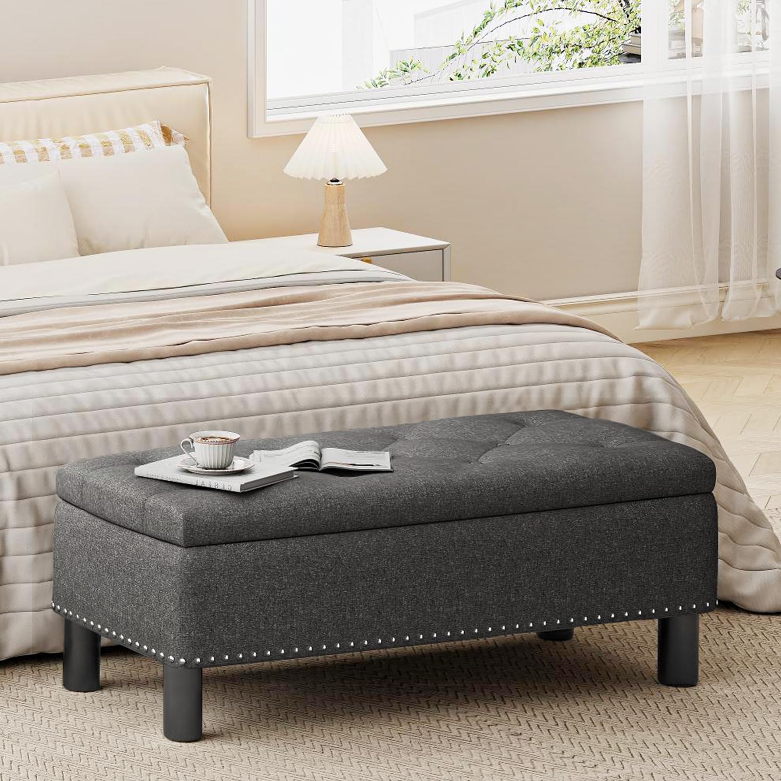 Furniliving Storage Ottoman Bench with Wood Legs - Foldable Upholstered Button-Tufted Entryway Bench for Bedroom, Living Room & Hallway - Dark Grey Linen Fabric (Multi-Functional Seat & Storage Solution)