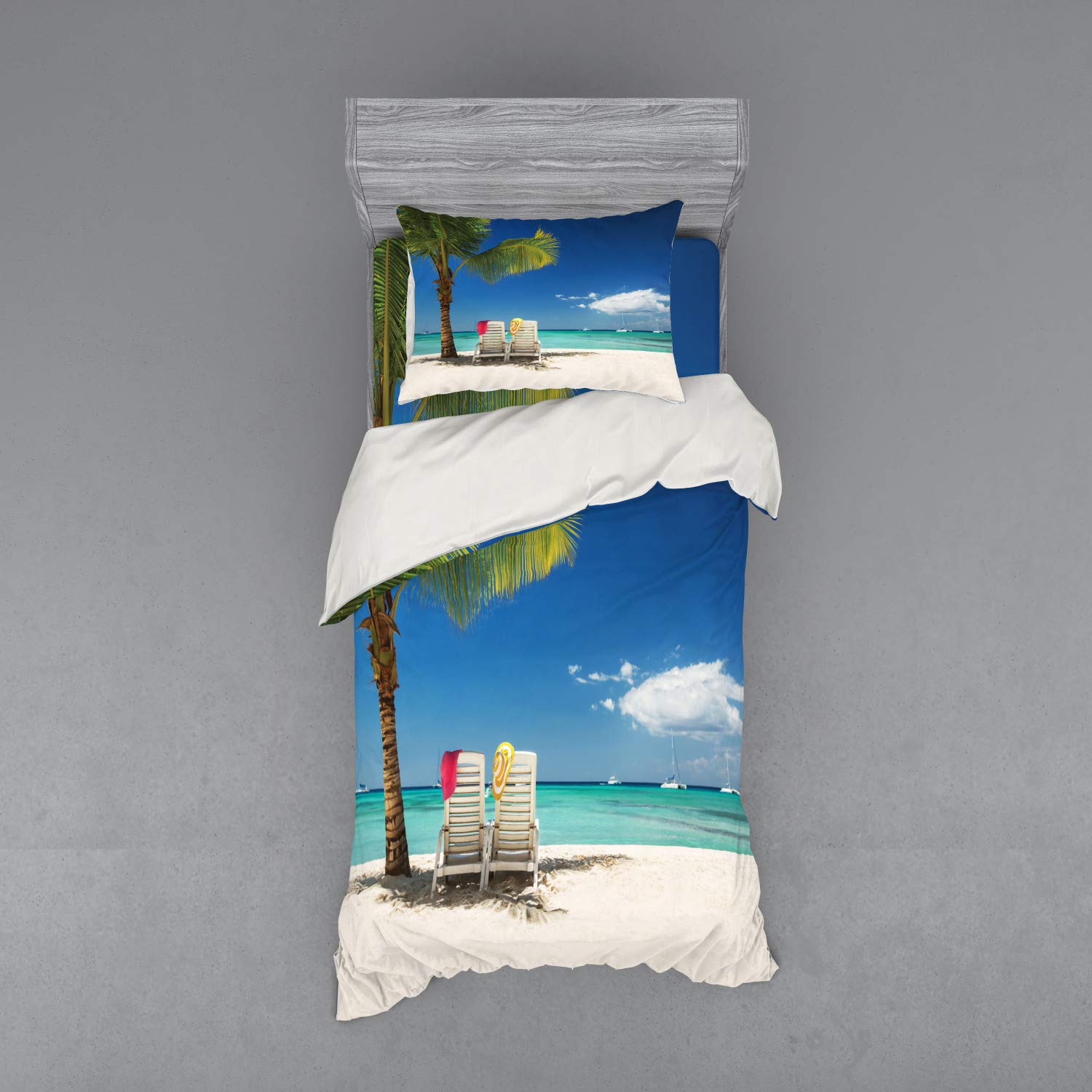Ambesonne Seaside Bedding Set - 3 Piece Duvet Cover with Sham & Fitted Sheet, Twin Size, Blue Green Ocean Beach Design with Palm Trees & Boats | Coastal Bedroom Decor, Vacation Home Style, Relaxing Tropical Retreat