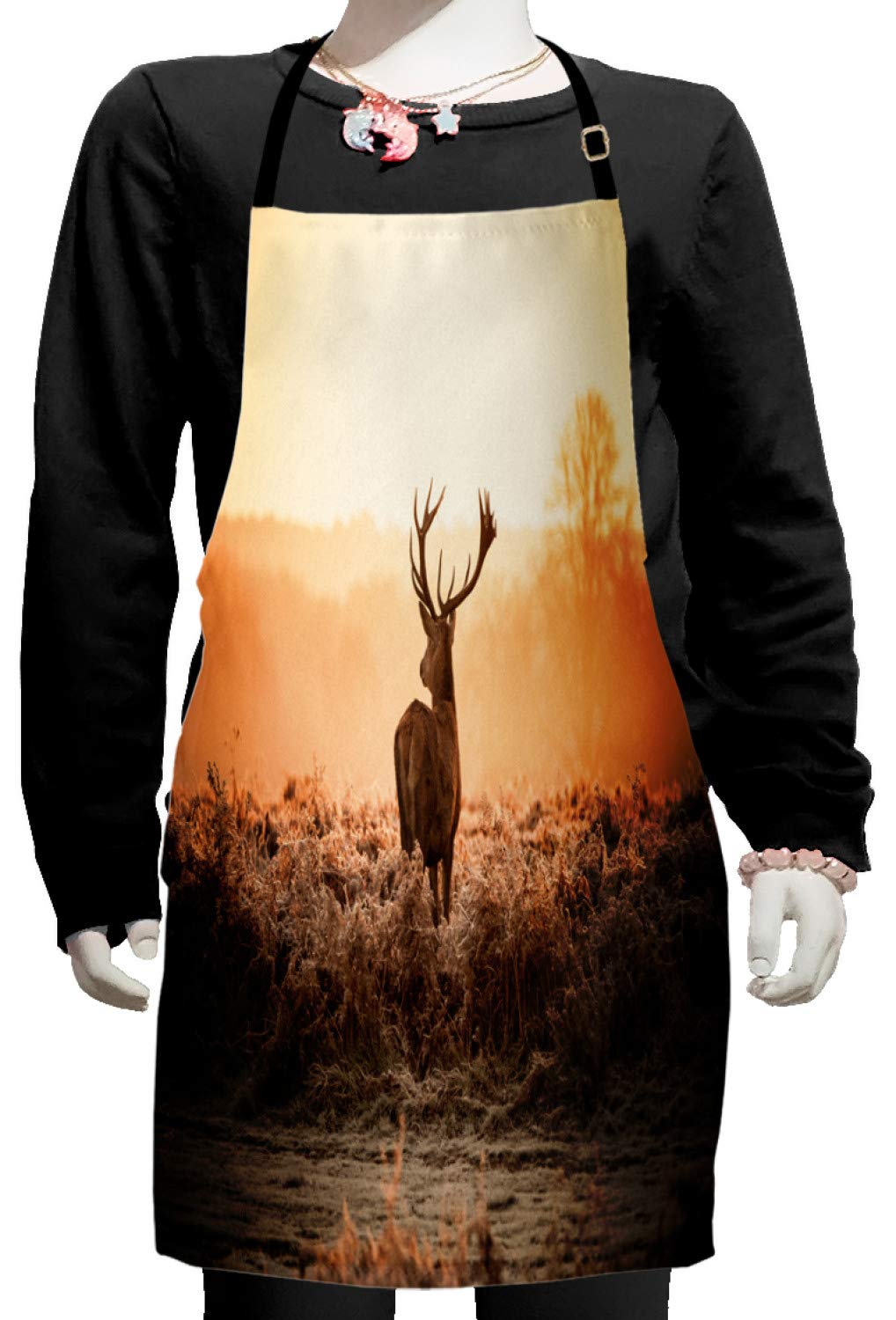 Ambesonne Adjustable Hunting Apron - Red Deer Morning Sun Wilderness Design, Small Bib Apron for Baking, Painting, Cooking & Outdoor Activities, Brown Orange Countryside Heathers Print
