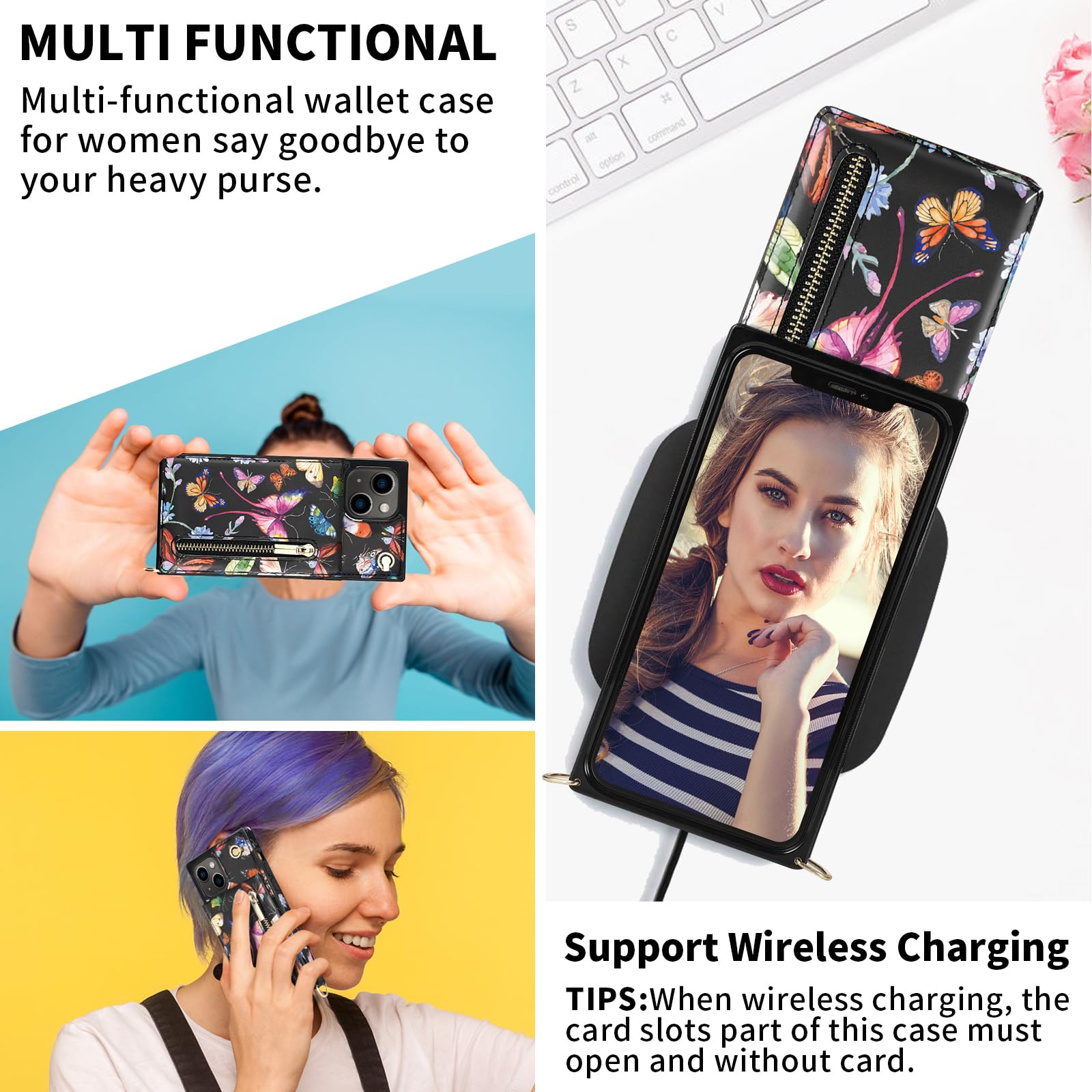 Floral Leather Crossbody Phone Case for iPhone 13 with Card Holder & Kickstand - Cute Wallet Case with Strap, Zipper Purse & Protective Cover for Women (Butterfly Design) - Perfect for Travel, Shopping & Everyday Use