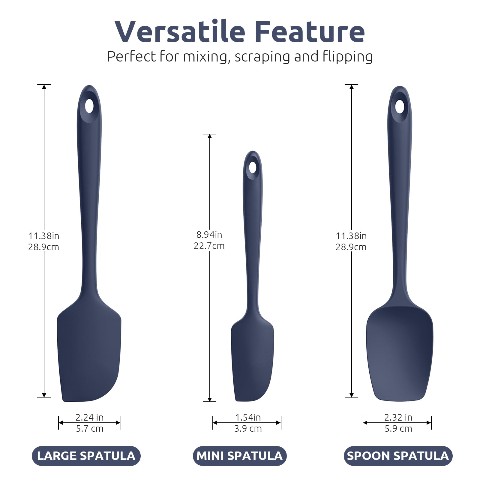 U-Taste 600°F Heat Resistant Silicone Spatula Set - 3-Piece Kitchen Utensils (Mini, Large & Spoon Spatula) in Lake Blue & Midnight Blue - Perfect for Baking, Cooking & Non-Stick Pans
