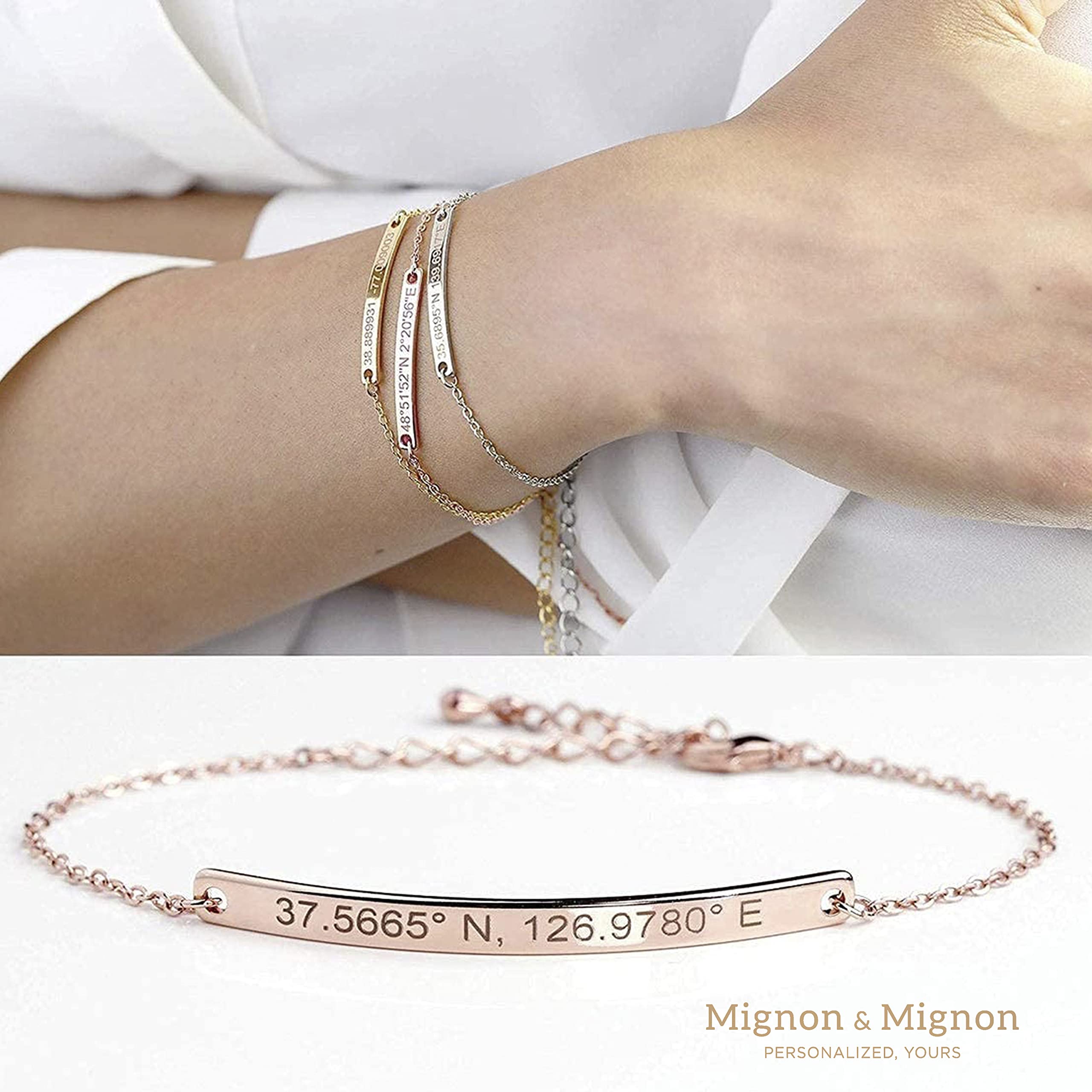 Personalized Name Bracelet for Women - Custom Engraved Gold Bar Jewelry Gift for Mom, Teen Girls (Coordinate Design) - Perfect for Mother's Day, Birthdays & Special Occasions
