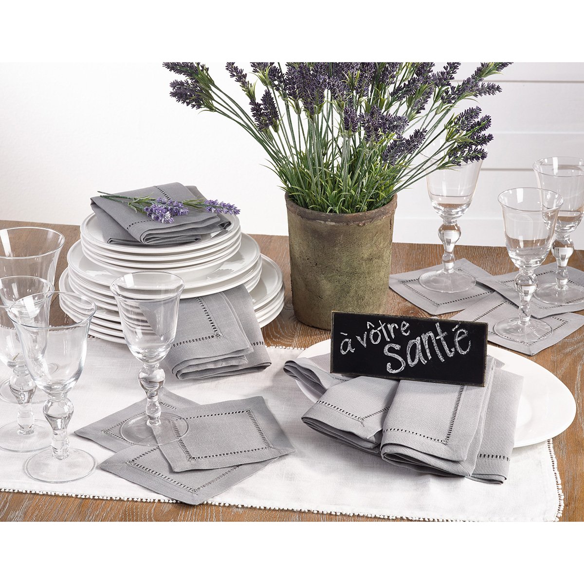 Premium Grey Classic Hemstitched Polyester Placemats Set - 14