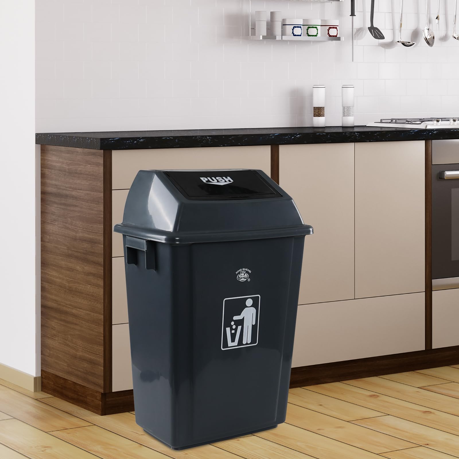 18 Gallon Plastic Trash Can with Swing Lid - 4-Pack Large Kitchen Garbage Bin with Swing-Top Lid, Grey - Perfect for Home, Office, Restaurant & Commercial Use