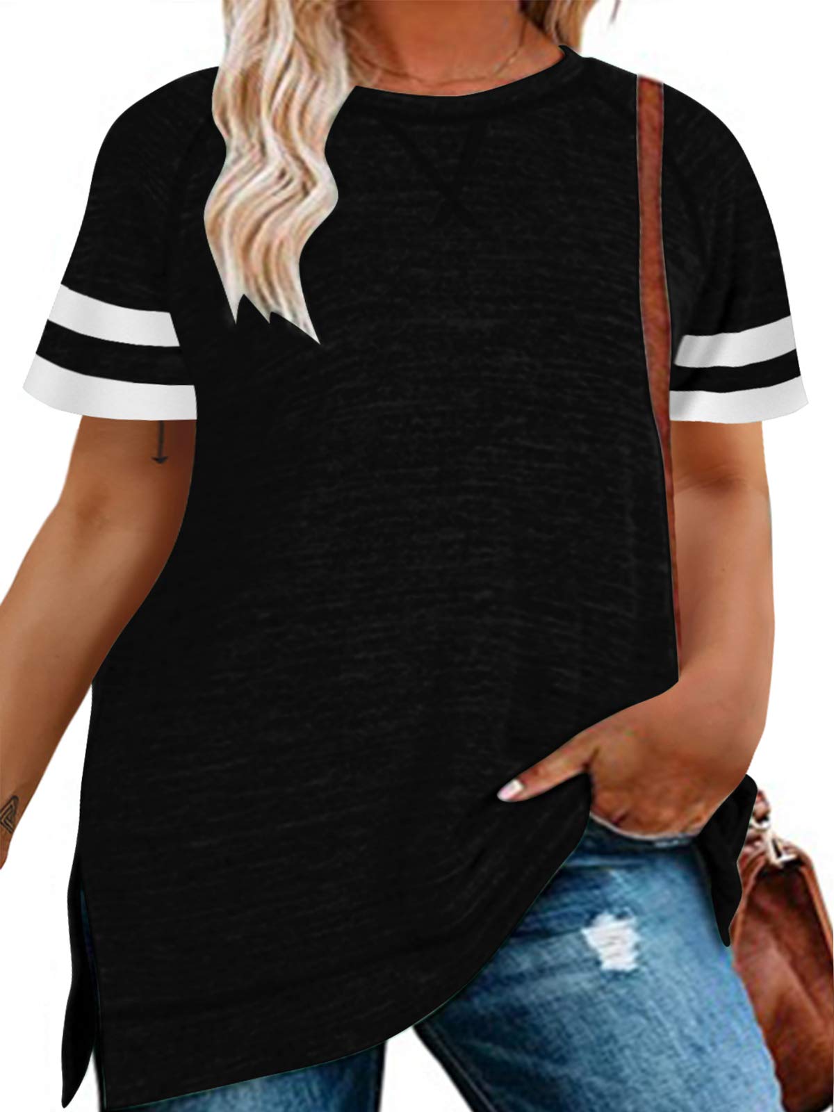 LANREMON Women's Plus Size Casual Short Sleeve Tunic Top with Pockets - Round Neck Loose Fit Blouse for Work, Weekend & Everyday Wear