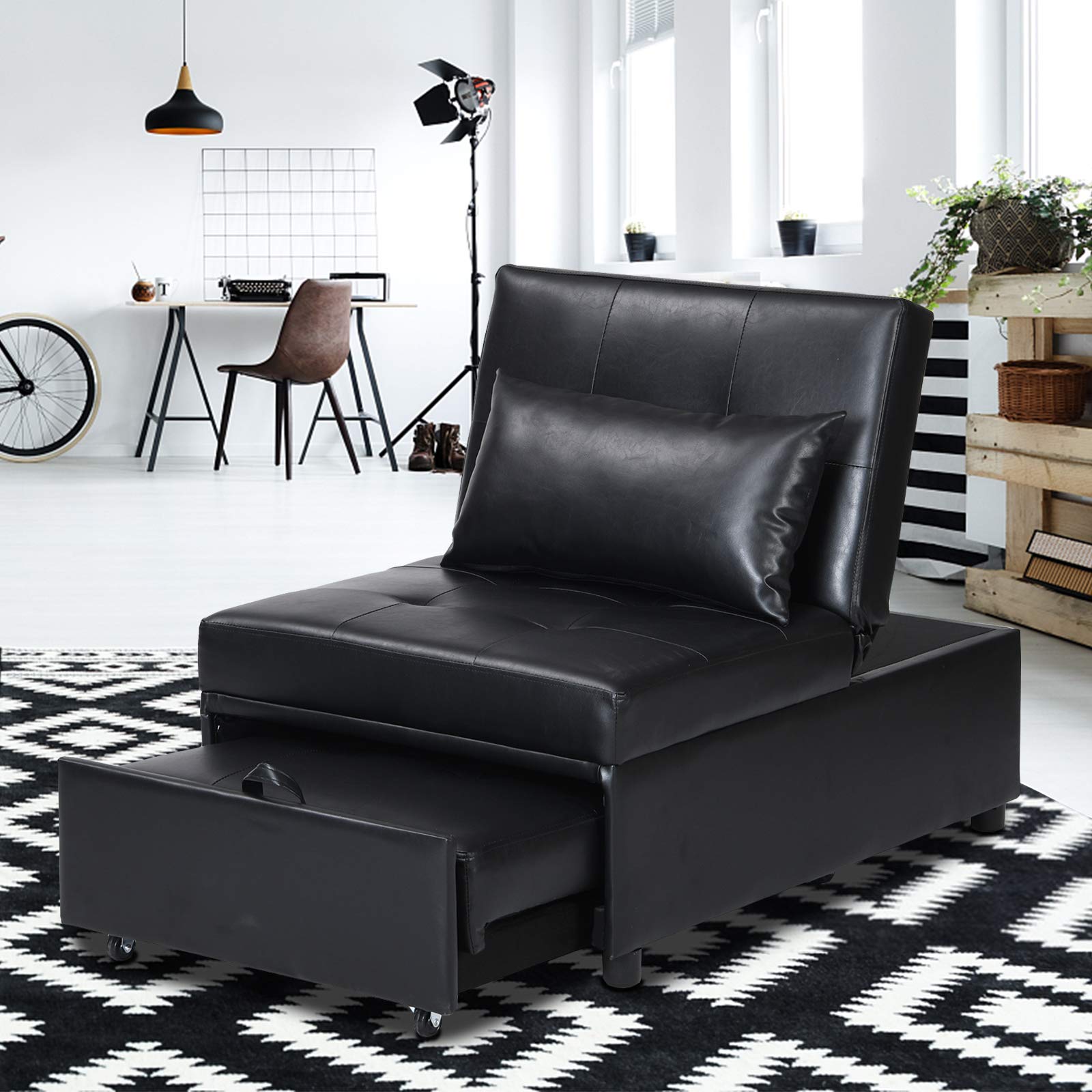 4-in-1 Convertible Faux Leather Sofa Bed - Foldable Ottoman Sleeper with Pillow for Small Spaces | Multi-Functional Recliner Chair for Living Room, Apartment & Guest Room (Space Saving Furniture Solution)