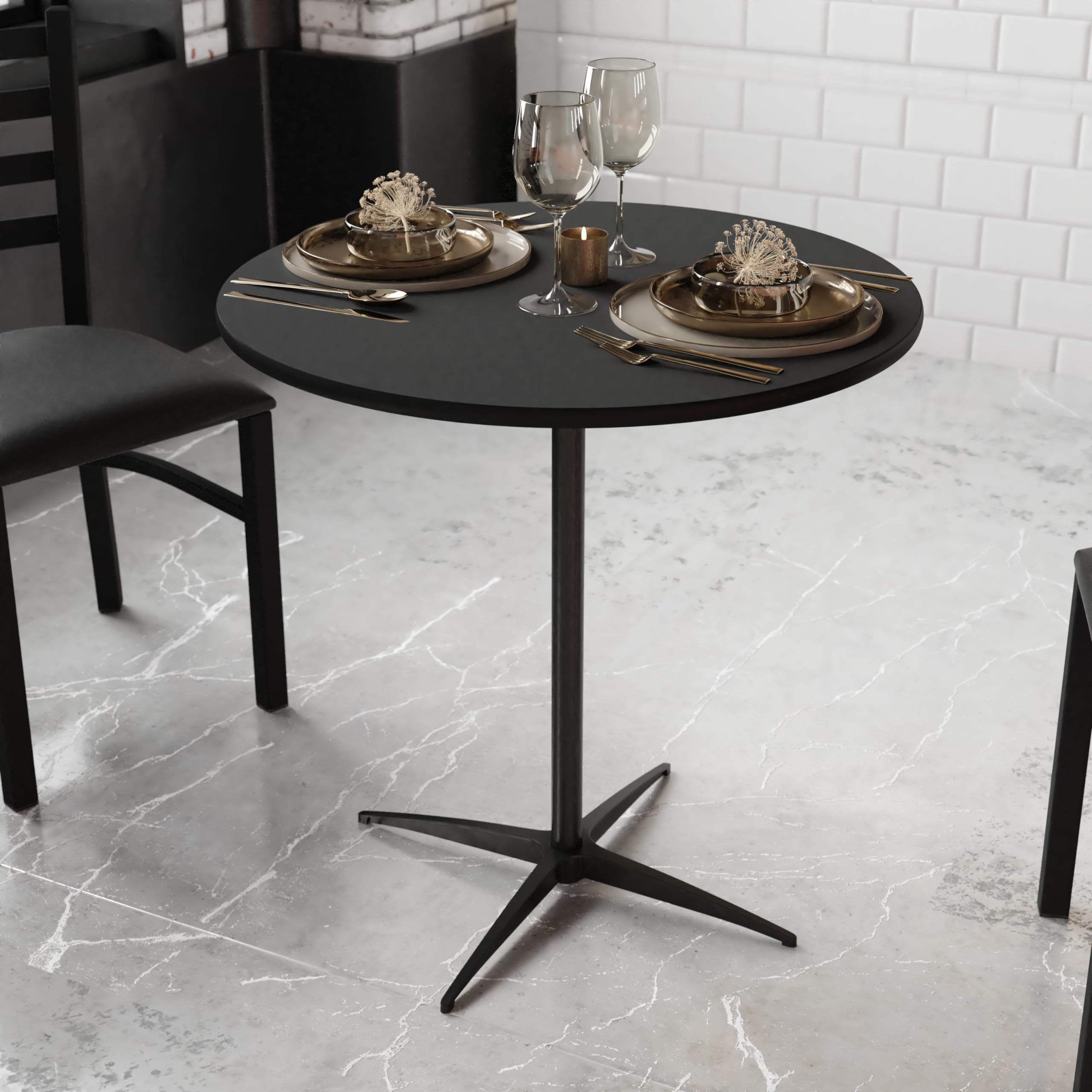 Flash Furniture Lars Black 30'' Round Wood Cocktail Table with 30'' and 42'' Columns - Modern Living Room Centerpiece for Small Spaces & Apartments