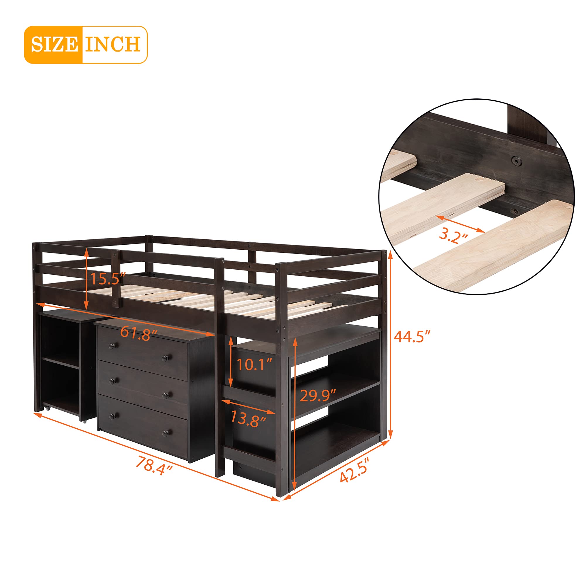 Harper & Bright Designs Twin Loft Bed with Desk - Wooden Loft Bed Frame for Kids & Teens - Low Profile with Storage Cabinet & Rolling Desk - Space Saving Study & Sleep Solution (Twin Size, Espresso) - Perfect for Small Bedrooms, Dorm Rooms & Kids' Rooms