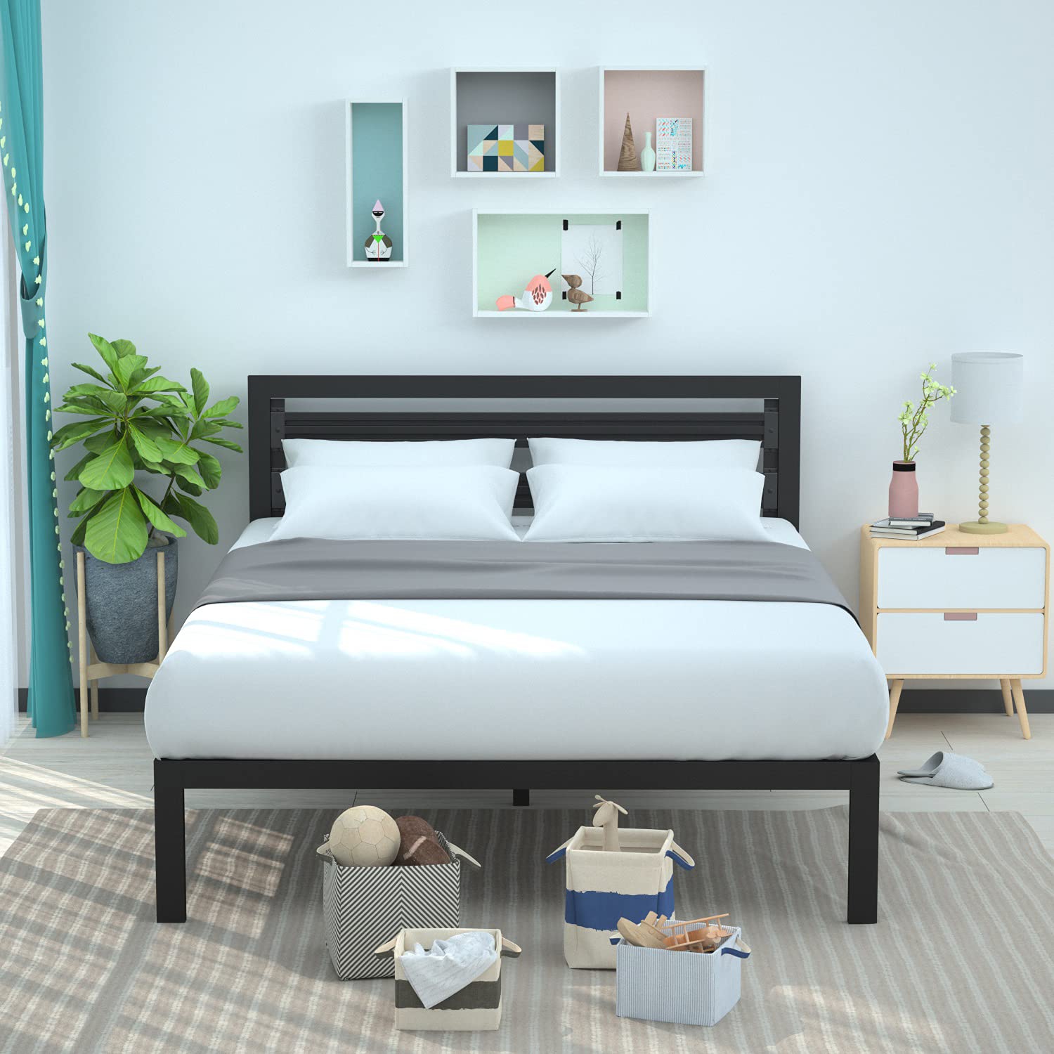 Amazon Basics Metal Bed Frame with Modern Industrial Design Headboard - 14 Inch Height for Under-Bed Storage - Wood Slats Support - Easy Assembly Queen Size Bed in Black - Perfect for Small Apartments, Dorm Rooms & Guest Bedrooms