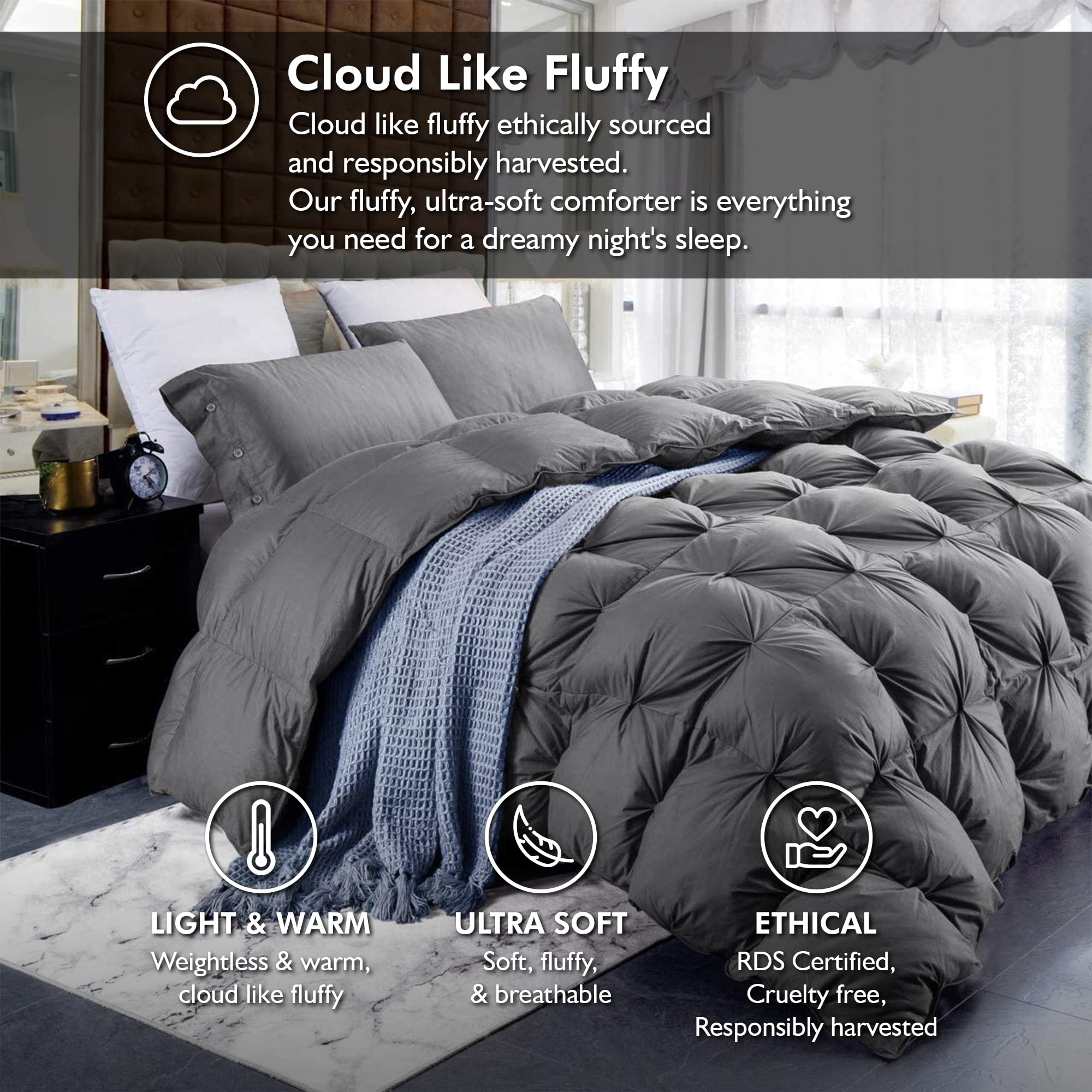 Luxurious King Size Goose Down Feather Comforter Duvet Insert - 100% Egyptian Cotton Cover, 90 oz Fill Weight - Gray Pinch Pleat Design - Perfect for Master Bedrooms & Luxury Hotels
