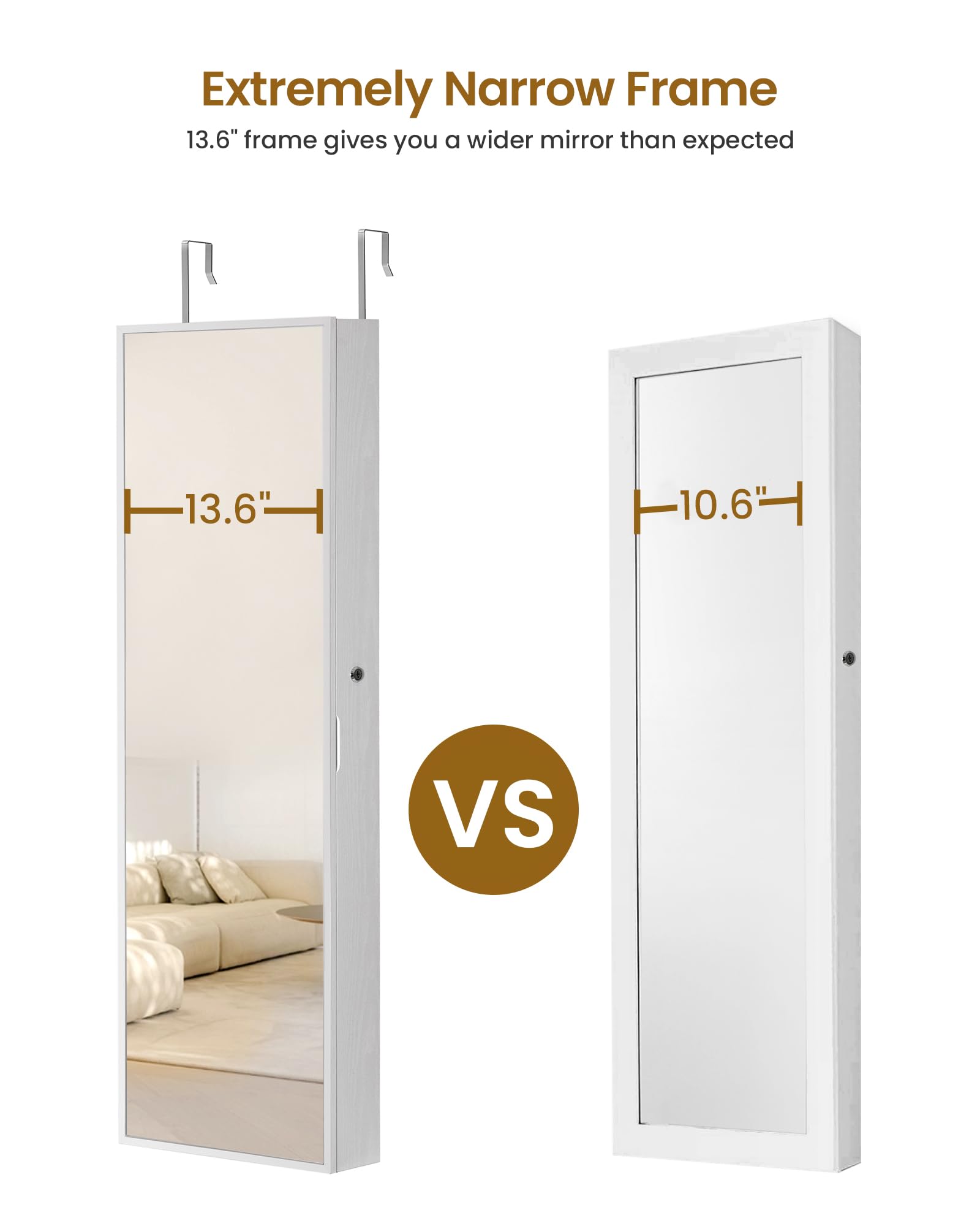8 LED Lighted Jewelry Cabinet with Mirror - 47.2 Inch Lockable Jewelry Armoire Organizer for Wall/Door Mount, 6 Earring Shelves & 2 Makeup Pockets, White & Beige (JC12003BE) - Perfect for Bedroom, Closet, Dressing Room Organization and Gift Giving