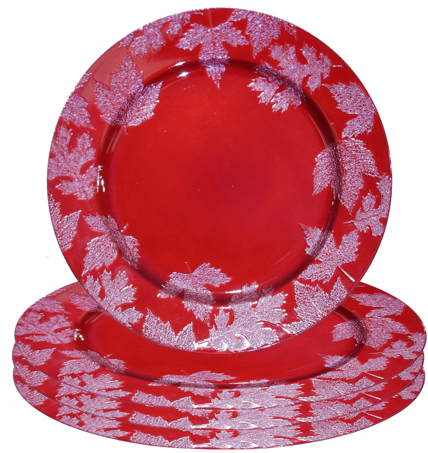 Gilbins 13-Inch Round Plastic Reef Charger Plates - Set of 4 Red Decorative Dinner Plates for Weddings, Holidays & Parties | Elegant Table Decor for Formal Dining, Buffets & Special Events