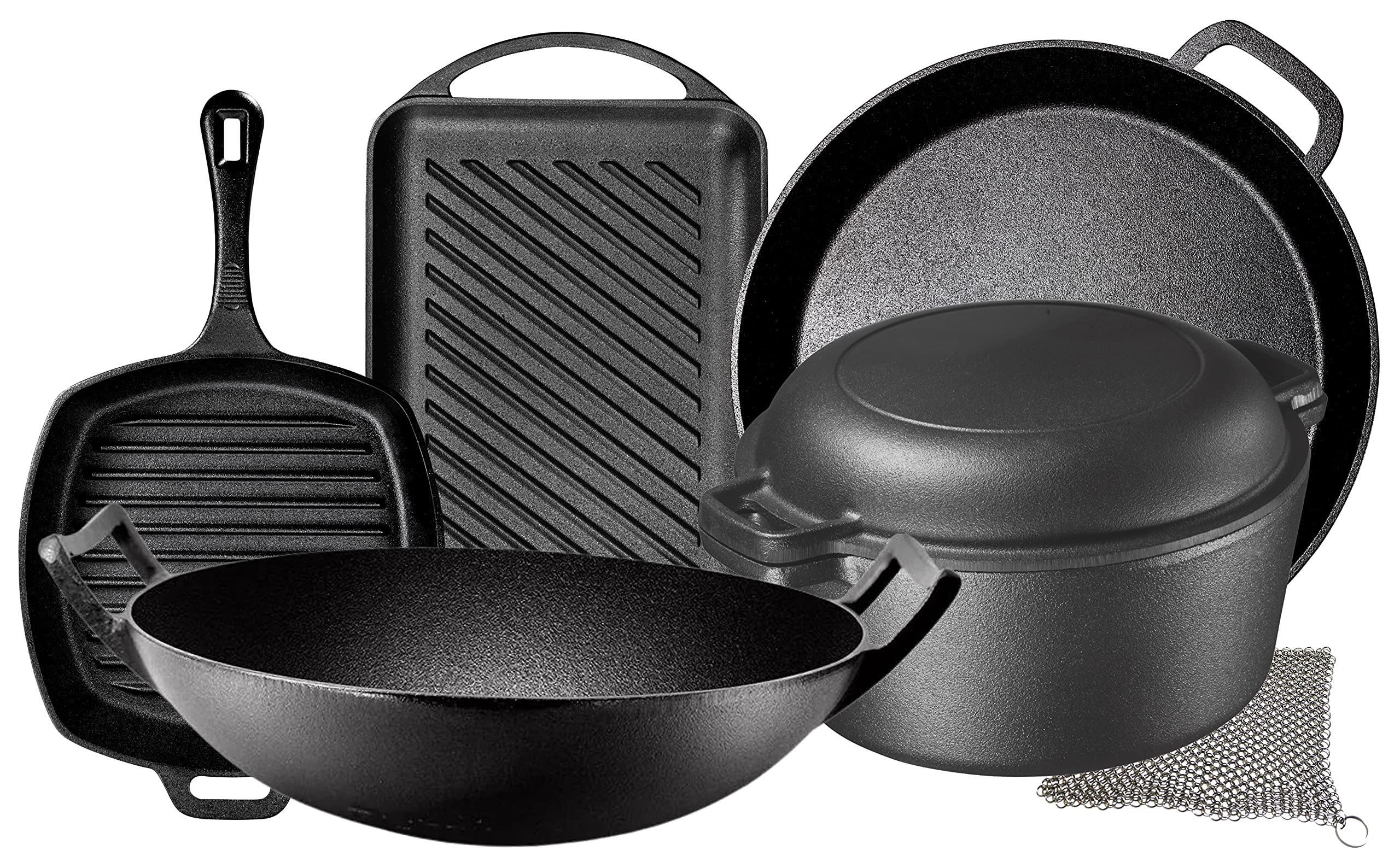 Premium 7-Piece Pre-Seasoned Cast Iron Cookware Set – Double Dutch Oven, Rectangular Grill Pan, Wok, Large Skillet, Square Grill Pan & Chainmail Scrubber – Perfect for Camping, Outdoor Cooking & Home Kitchen Use
