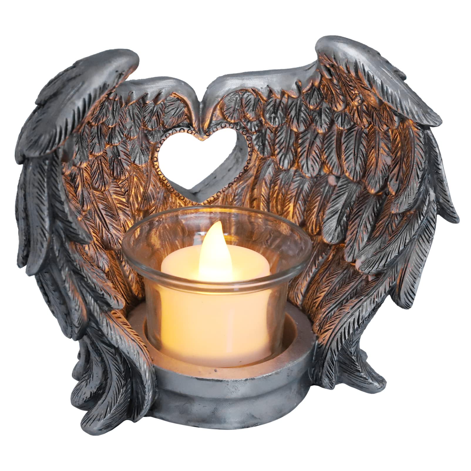 Flameless LED Angel Wings Candle - Battery Operated Prayer Tealight with Silver Holder, Memorial Gift & Religious Home Decor for Church, Bedroom, Wedding Ceremony
