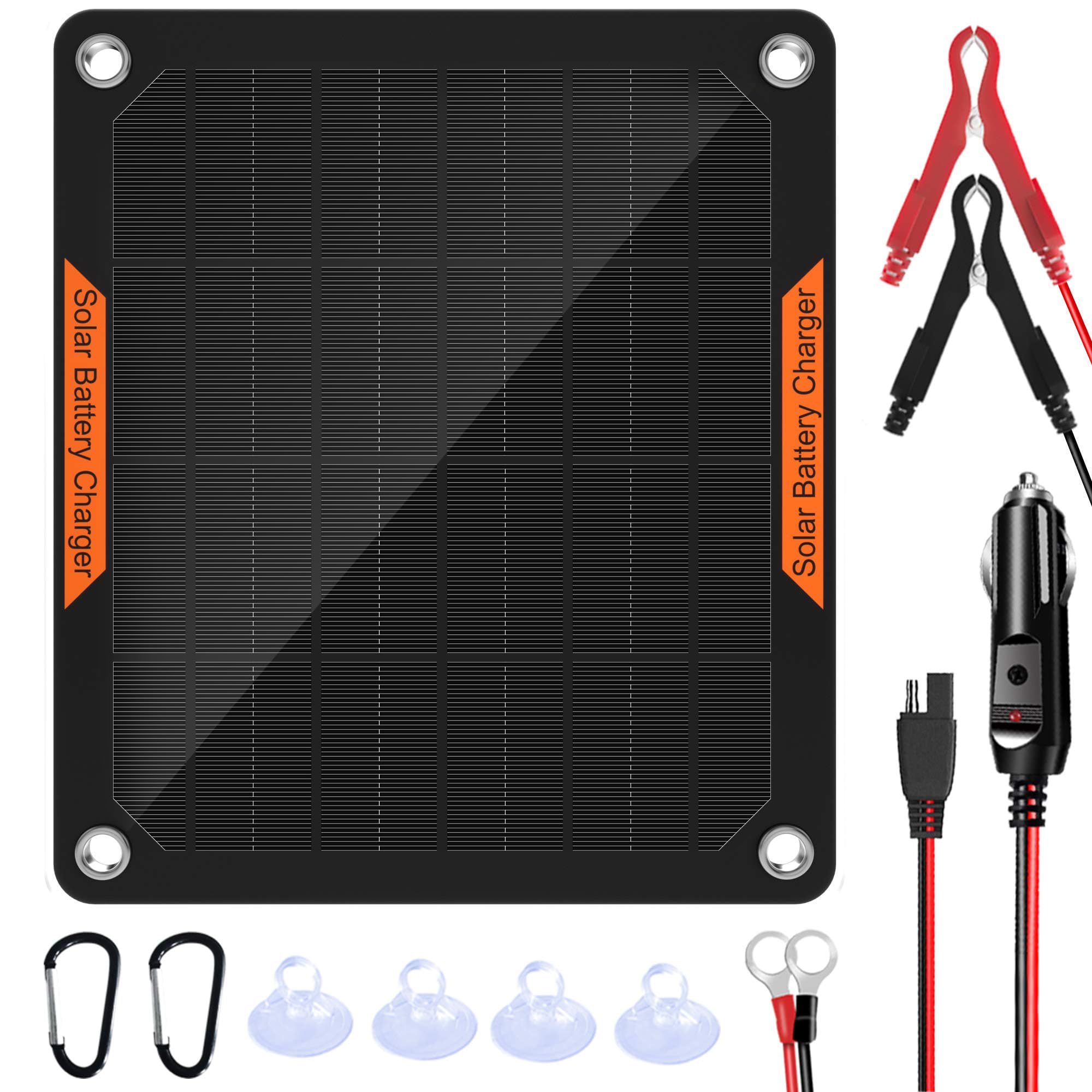 OYMSAE 5W 12V Solar Car Battery Charger - Portable Waterproof Solar Power Charger & Maintainer with Cigarette Lighter Plug & Alligator Clips - Ideal for RV, Boat, Motorcycle & Vehicle Battery Maintenance