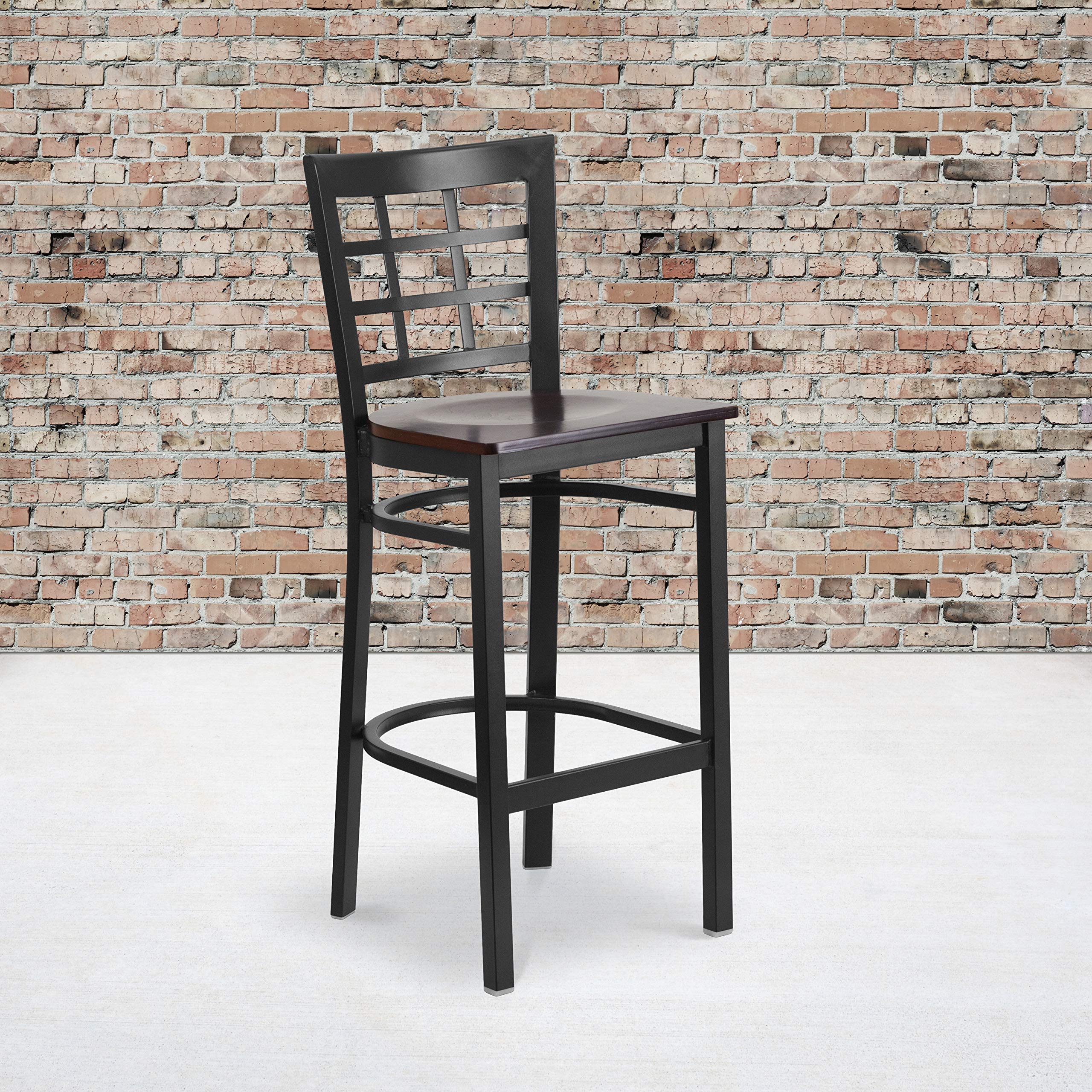 2 Pack Black Metal Bar Stools with Walnut Wood Seat - Heavy Duty Restaurant & Kitchen Counter Stools for Home, Cafe, and Bar Use