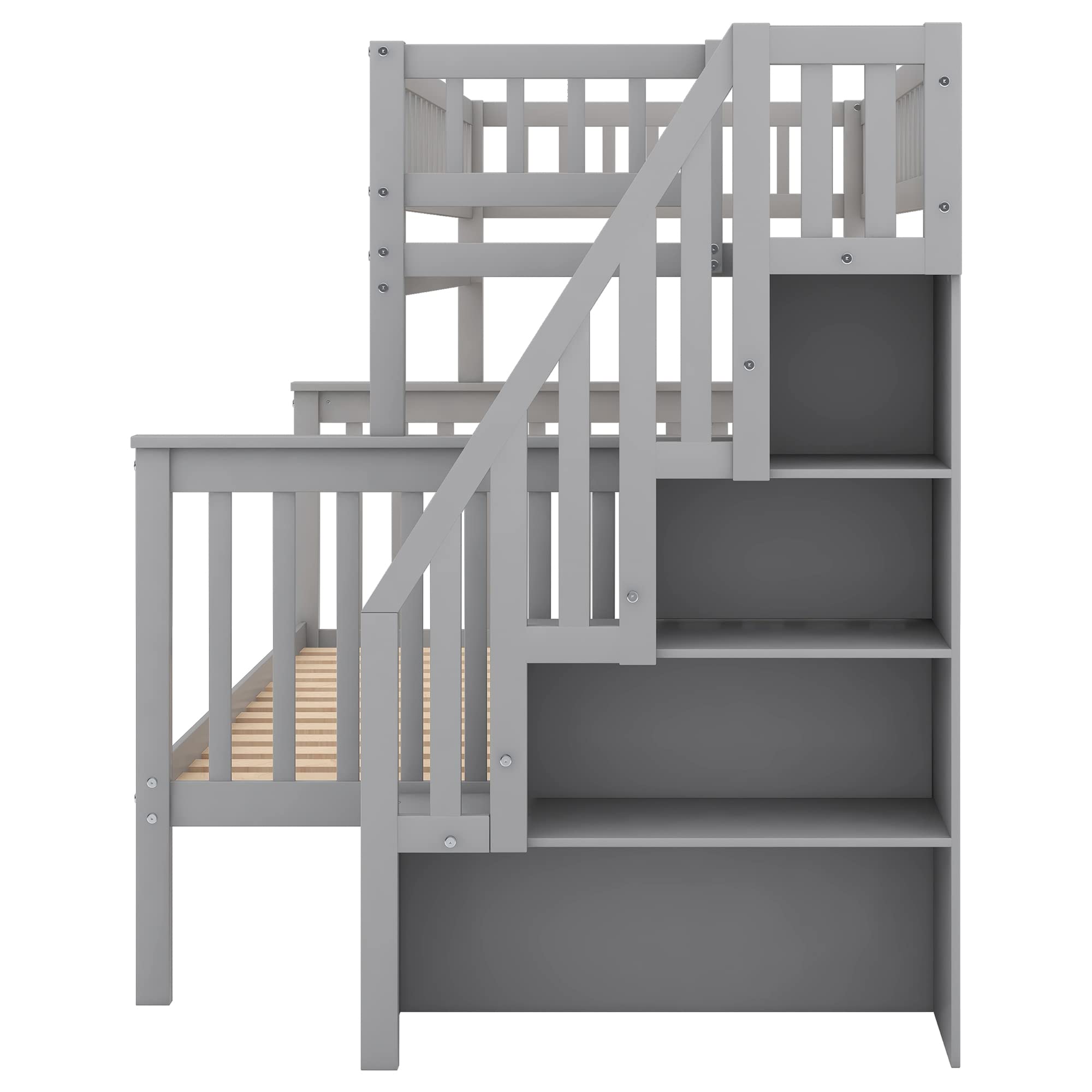 Harper & Bright Designs Twin Over Full Bunk Bed with Stairs & Storage - Convertible to 2 Separate Beds, Solid Wood Frame, Space-Saving Grey Kids Bedroom Furniture for Small Rooms & Shared Spaces