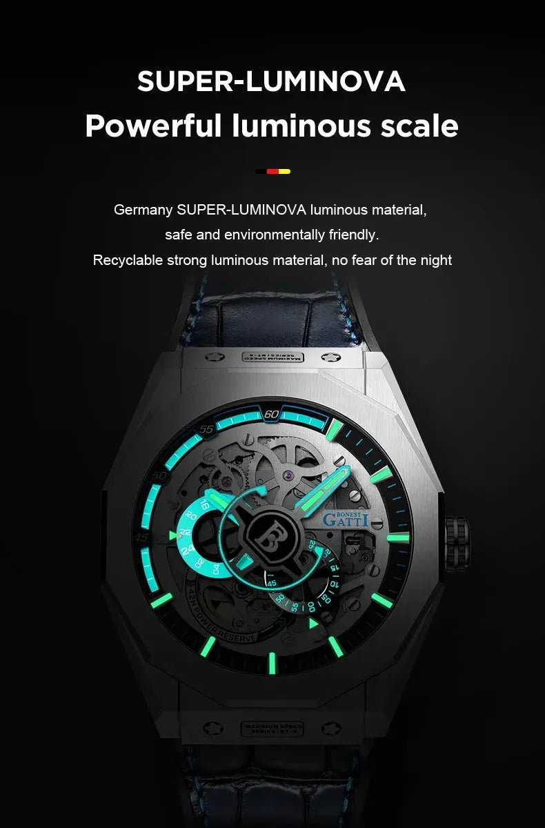 BONEST GATTI Men's Automatic Luxury Mechanical Watch with Hollow Out Dial, 50M Waterproof, Luminous Hands, Sapphire Glass & Leather Strap - Perfect for Business, Formal Events & Everyday Wear