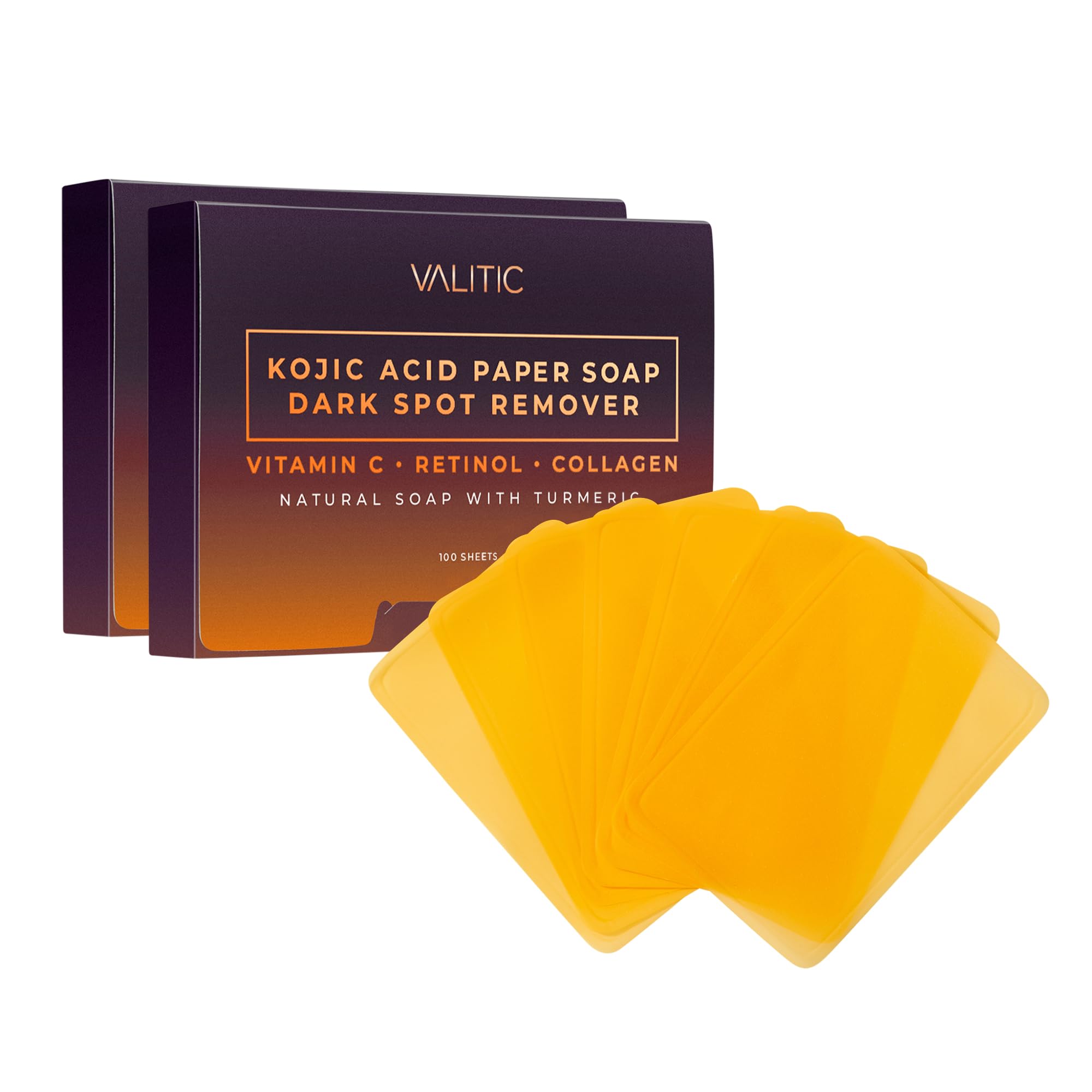 VALITIC Turmeric Kojic Acid Cleansing Soap Melting Sheets - Dark Spot Corrector & Brightening Paper Soap with Vitamin C, Retinol & Collagen - 100 Travel Size Facial Exfoliating Sheets (2 Pack) - Perfect for Travel, Gym & On-the-Go Skincare Routine