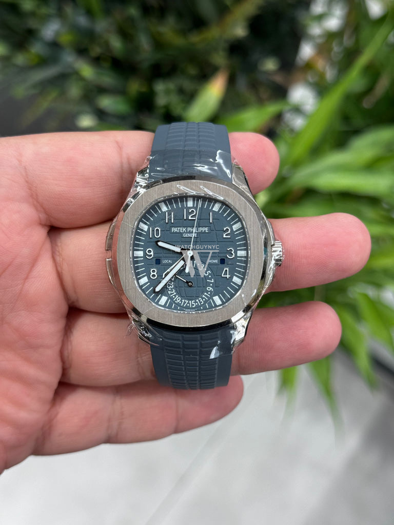 Patek Philippe Aquanaut 5164G White Gold Watch with Blue Gray Dial - Luxury Travel Time Automatic Watch for Men | Perfect for Business Meetings, Formal Events & World Travelers