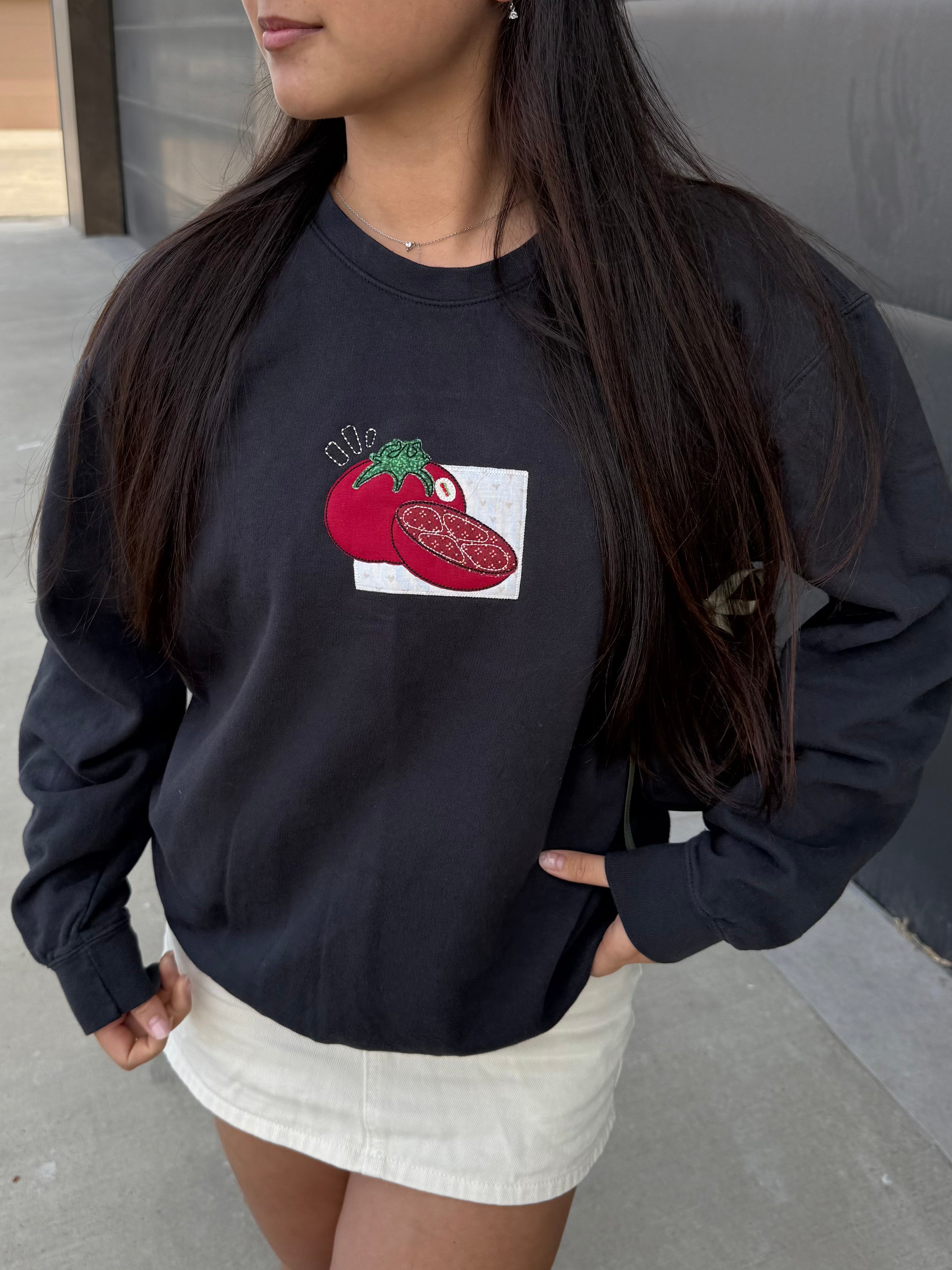 Vintage Black Embroidered Tomato Sweatshirt - Lightweight Fleece Crewneck with Patchwork Design | Casual Wear, Street Style, Retro Fashion