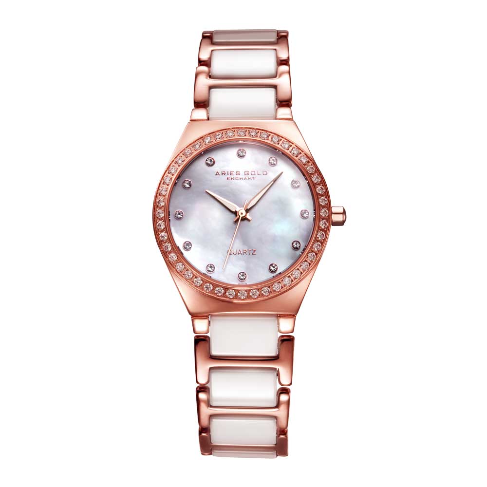 Aries Gold Enchant Rose Gold Stainless Steel Women's Watch with White Ceramic & Mother of Pearl Dial - Elegant Timepiece for Work, Parties & Special Occasions