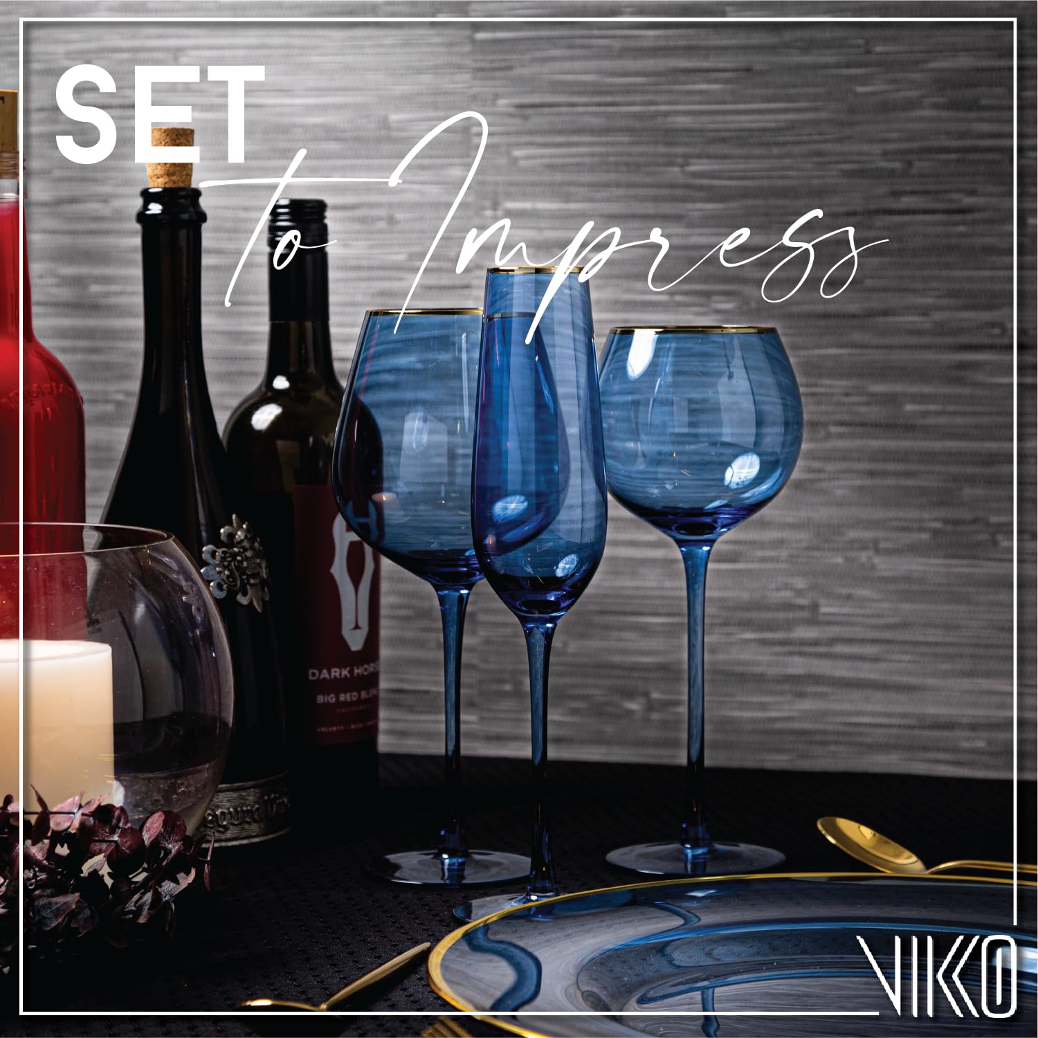 Vikko 8.5oz Champagne Flutes Set of 4 - Elegant Blue with Gold Rim Crystal Clear Sparkling Wine Glasses for Wedding Toasts, Anniversary Celebrations & Romantic Dinners