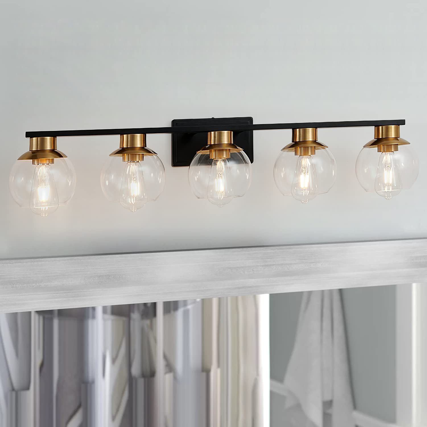 PAZALA Black Gold 5-Light Bathroom Vanity Light Fixture - Modern Wall Sconce with Globe Glass Shade, E26 Base - Perfect for Bathroom Mirror, Bedroom Dresser, Hallway & Living Room Wall Lighting - Elegant Home Decor for Modern Interiors