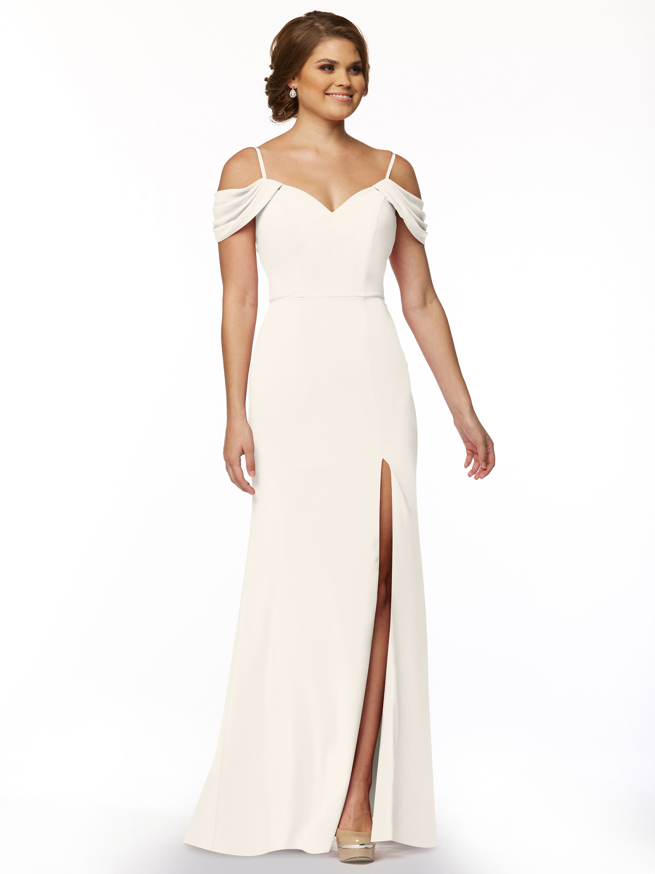 Elegant 83029 Stretch Chiffon Off-Shoulder Bridesmaid Dress with Thigh High Slit - Perfect for Weddings, Parties & Formal Events