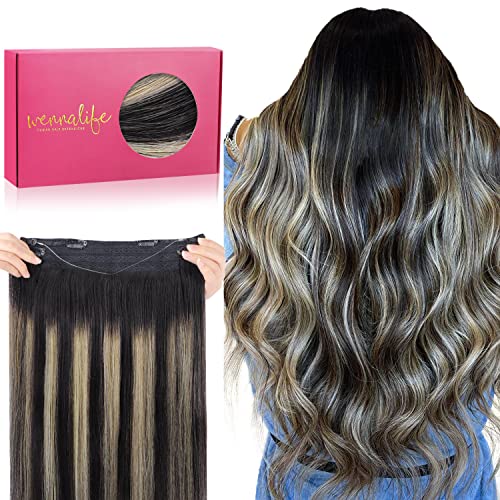 WENNALIFE 14 Inch 75g Wire Hair Extensions - Natural Black to Light Blonde Remy Human Hair with Invisible Transparent Wire - Straight Real Human Hair Extensions for Daily Wear, Parties & Special Occasions