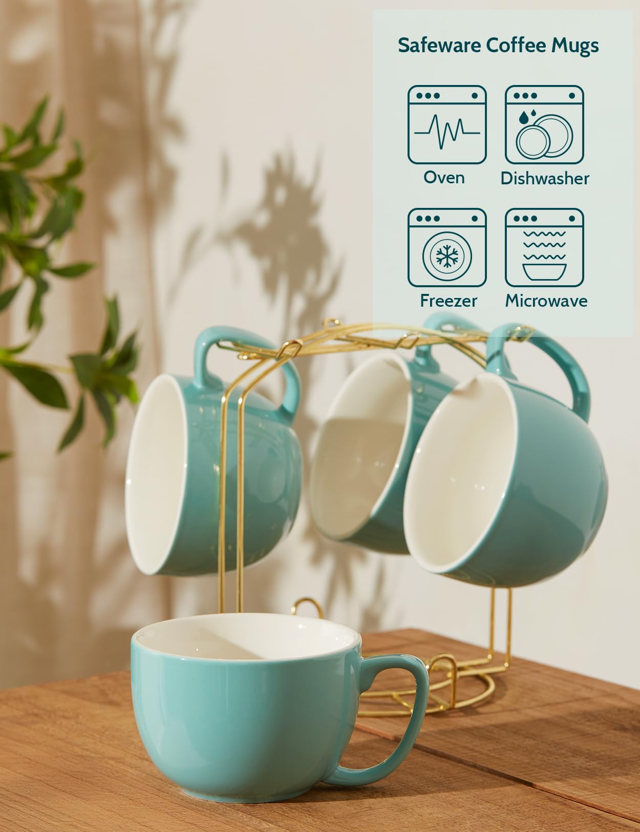 Teocera Turquoise Coffee Mugs Set of 4 - 16oz Ceramic Mugs for Hot & Cold Drinks - Durable Porcelain Coffee Cups for Latte, Cocoa, Milk & Tea - Modern Design Coffee Mug Set - Perfect for Home, Office & Cafe Use