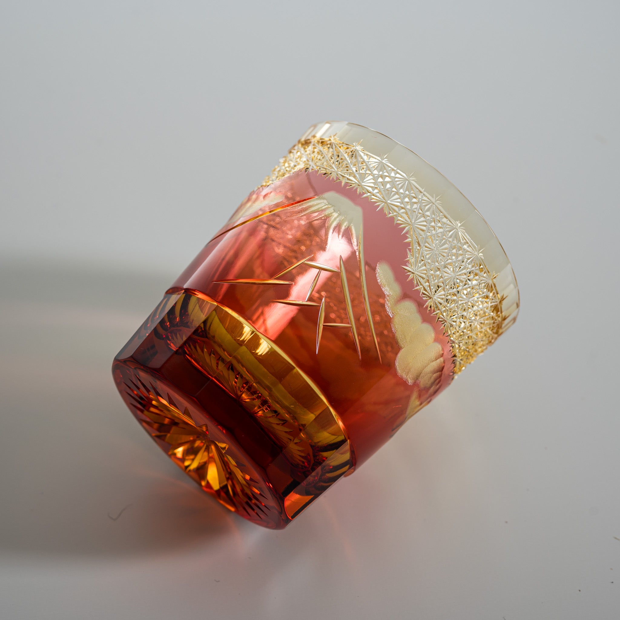 Premium Yamada Crystal Glass Rock Glass - Mt Fuji Inspired Amber Red Whiskey Tumbler for Scotch, Bourbon & Cocktail Drinking at Home Bar or Party