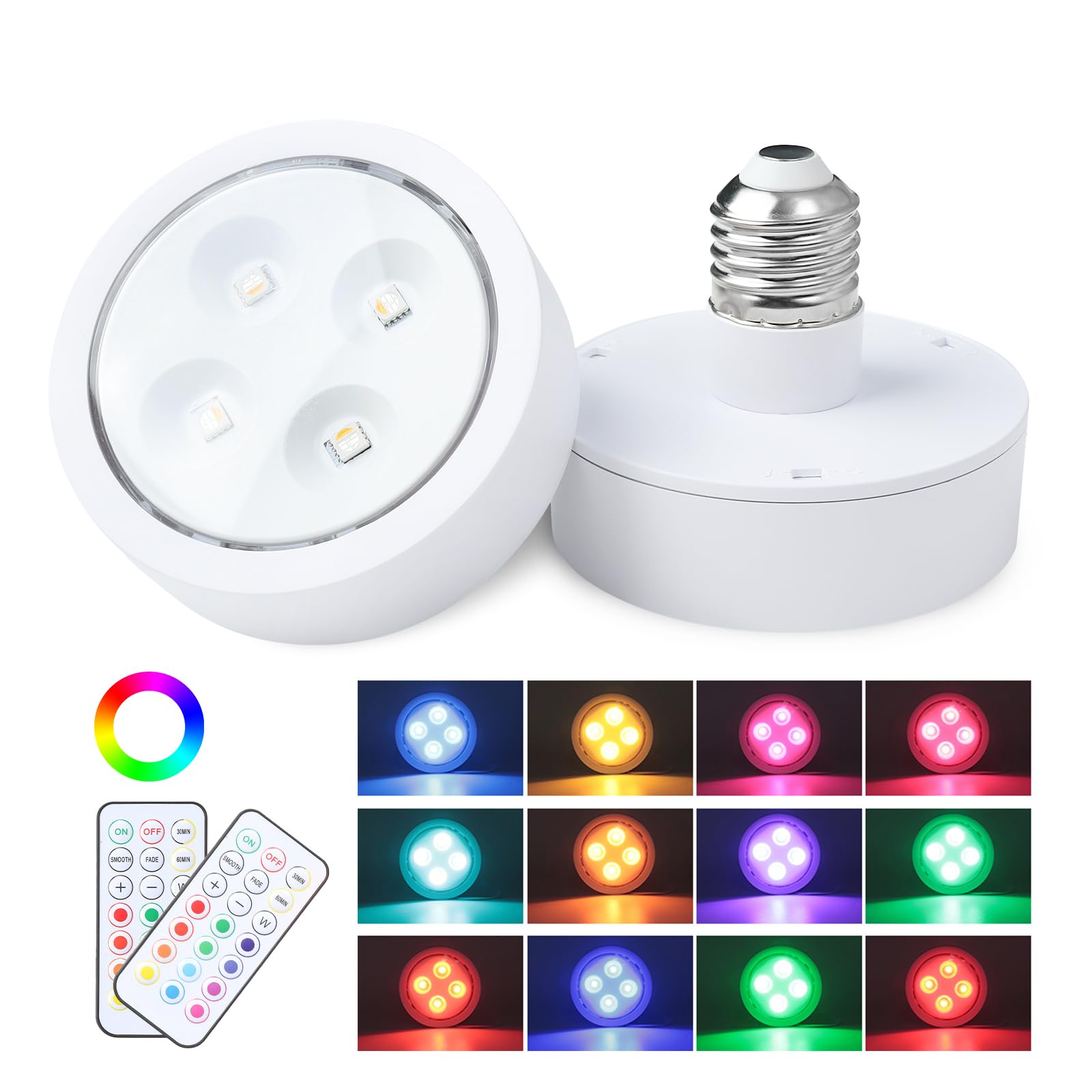 2 Pack Battery Operated LED Light Bulbs - Dimmable E26 Base, 13 Color RGB Changing Puck Lights with Remote Control & Memory Function - Perfect for Non-Electric Chandeliers, Wall Sconces, Closets, Camping & Emergency Lighting