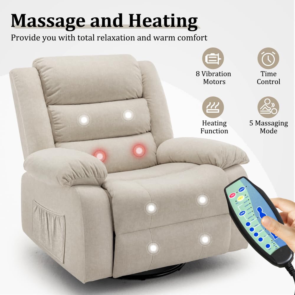 Premium Recliner Rocking Chair with Massage & Heat - 360° Swivel Oversized Adult Rocker, Soft Cashmere Upholstery, Beige Living Room Reclining Sofa - Perfect for Nursery, Home Theater & Relaxation Spaces