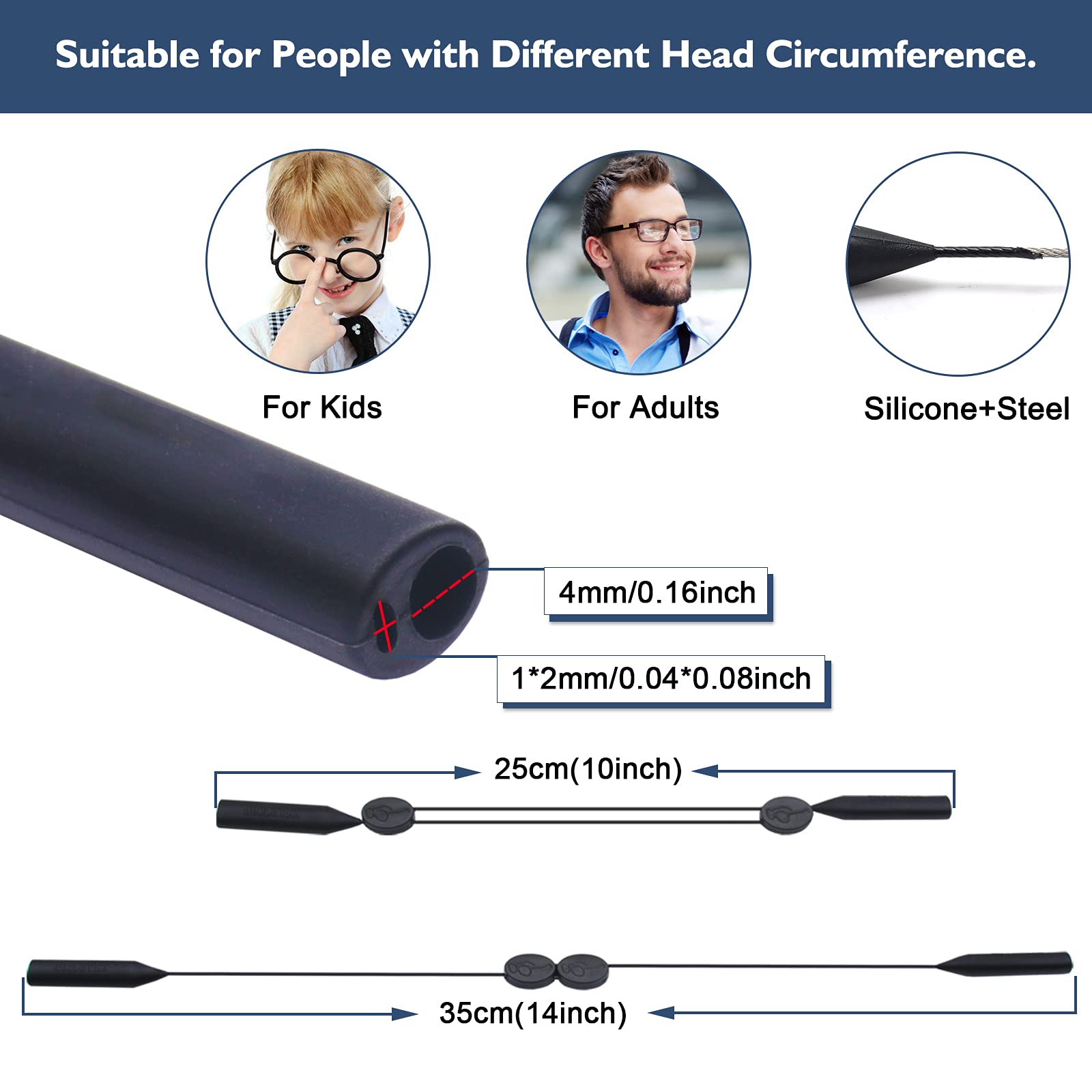 Sports Glasses Strap (10-14 Inch) - 4 Pack Adjustable Eyewear Holder for Kids, Youth & Men - Secure Sunglasses & Eyeglasses for Running, Hiking & Outdoor Activities
