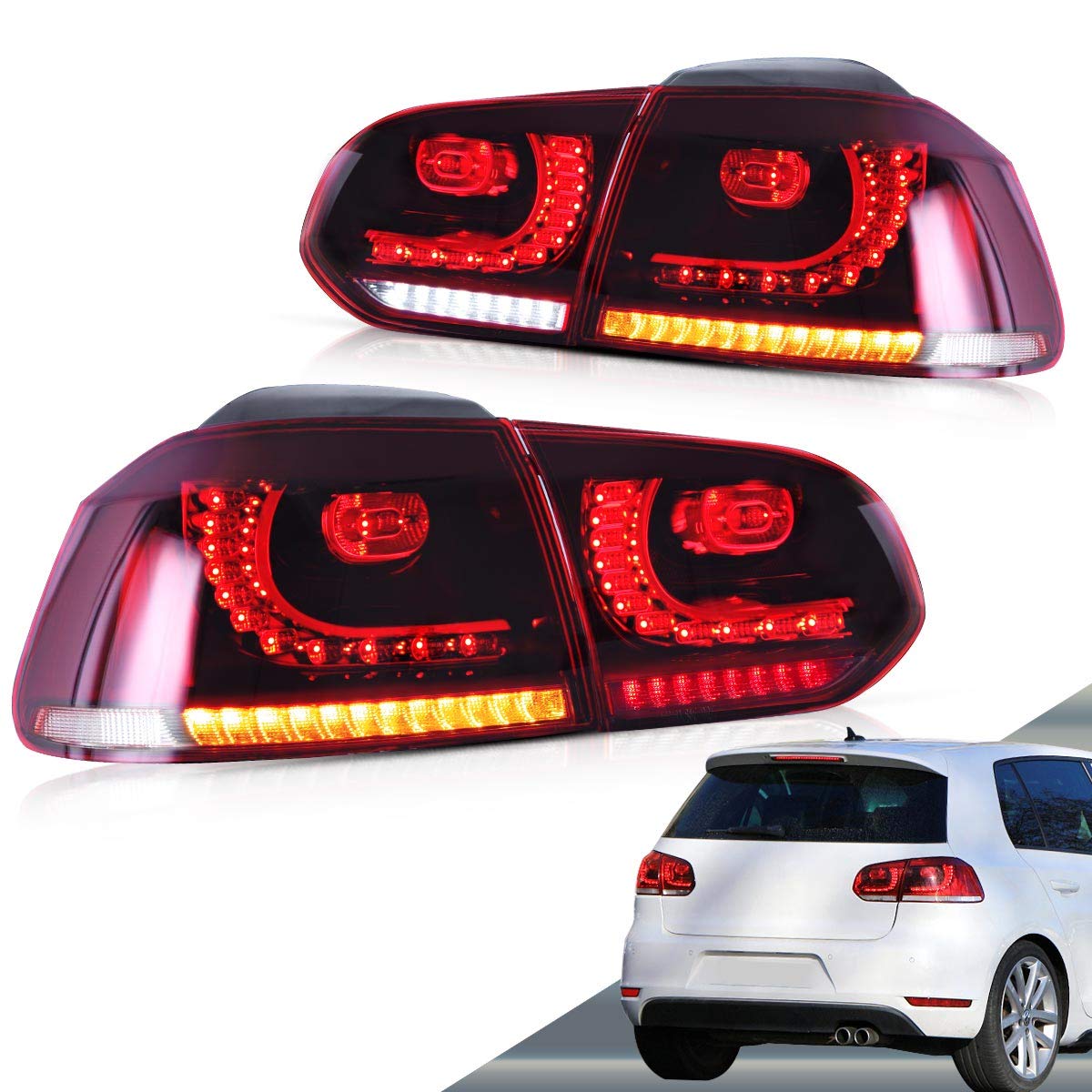 VLAND Full LED Tail Lights for VW Golf 6 MK6 (2010-2014) - Sequential Turn Signal, Red & Clear Lens - Rear Lamp Assembly - Upgrade for Night Driving & Enhanced Visibility