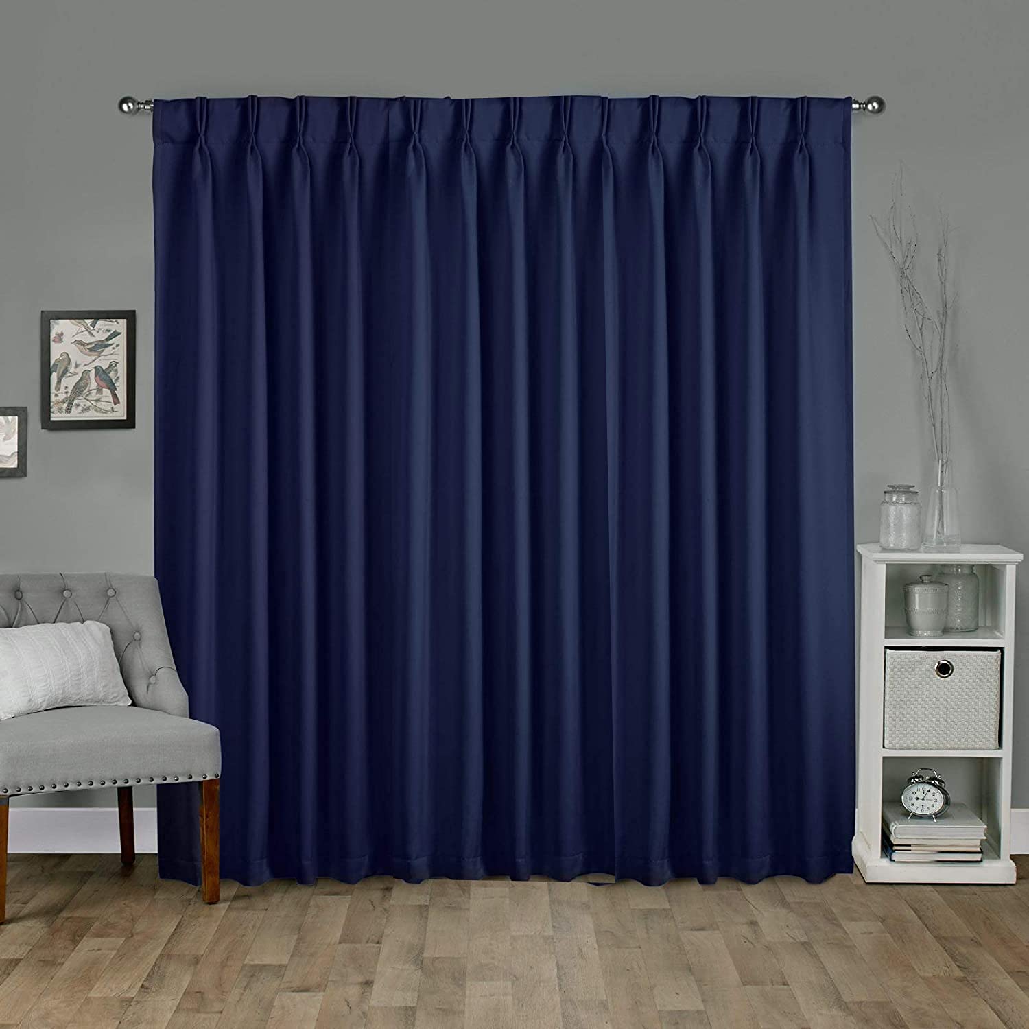 Premium Blackout Curtains for Living Room & Patio - Navy Blue Sateen Pinch Pleated Window Drapes, 72